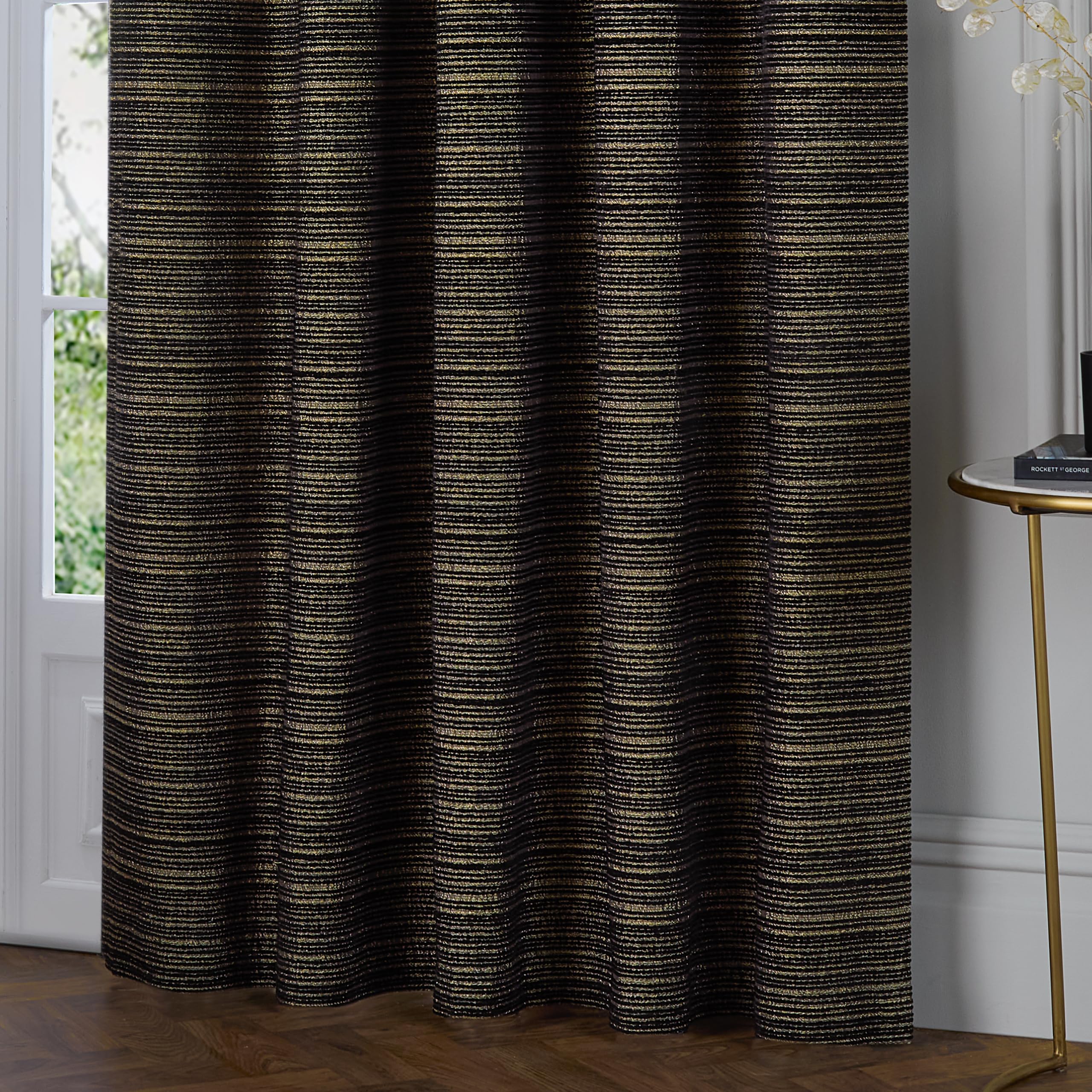 Paoletti Jupiter Room Darkening Eyelet Curtain Pair - Elegant Jacquard Chenille Lined Ring Top Drapes (Black/Gold - 168x229cm) - Image 4