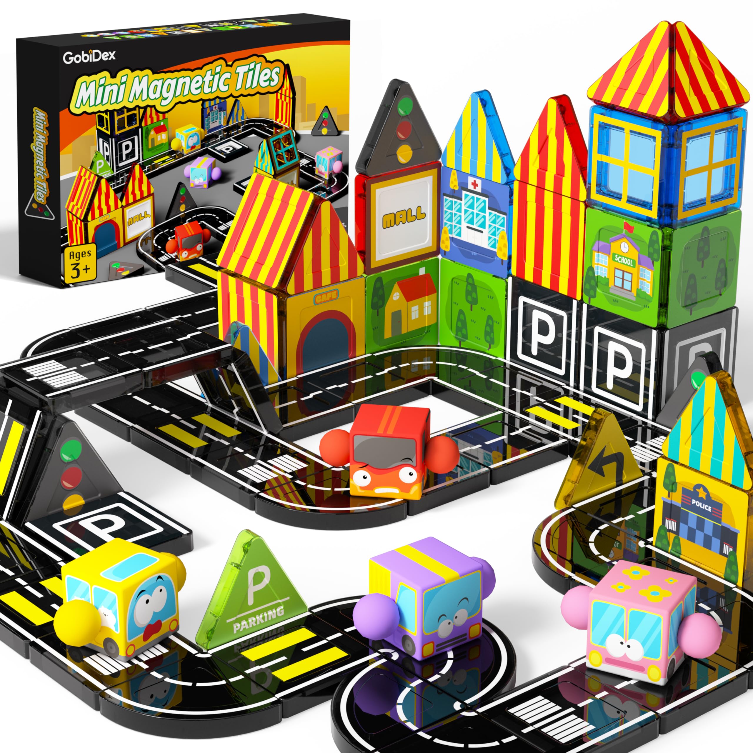 その他 KIDS Amazon.com: GobiDex 60PCS Mini Magnetic Tiles Road Set with 4 Cars