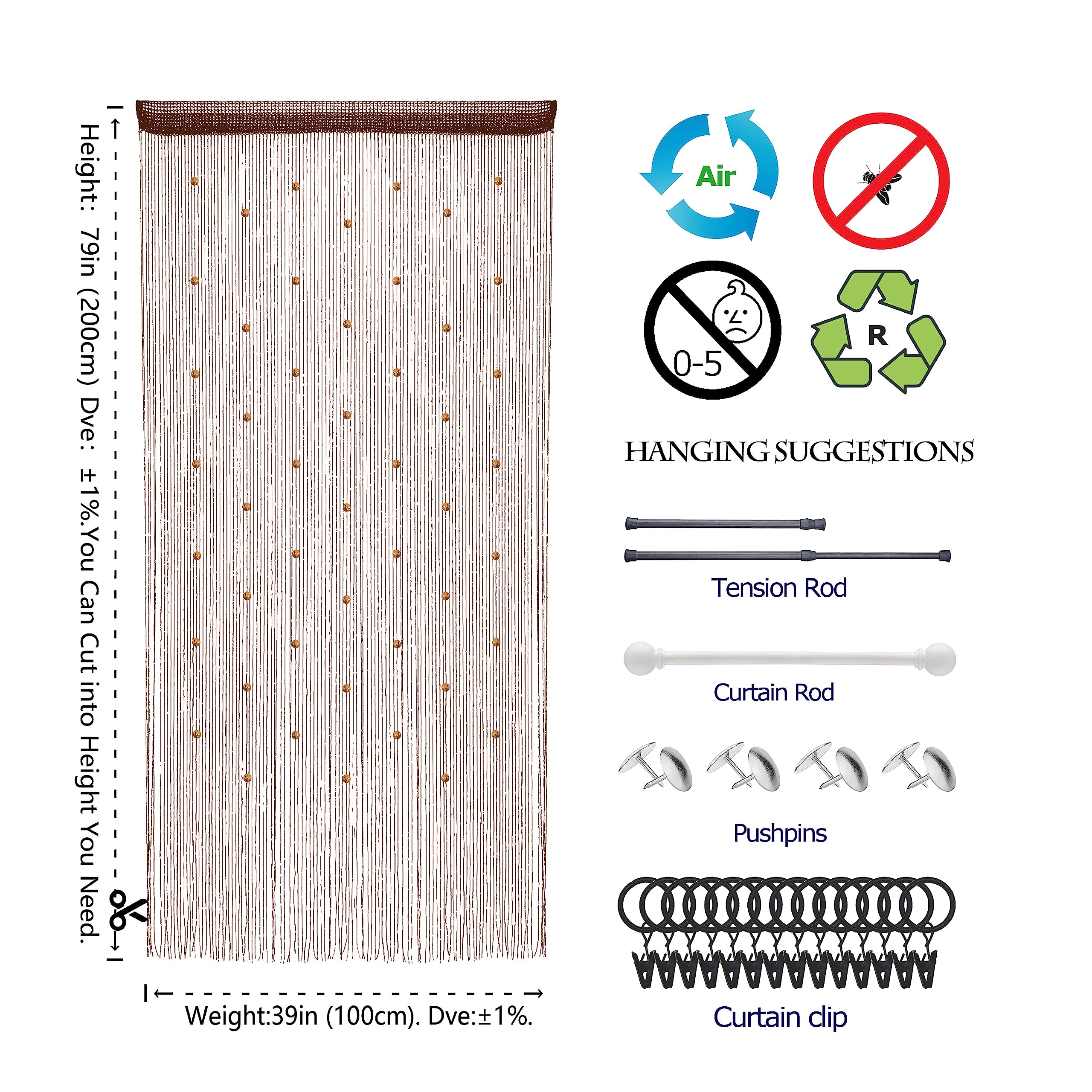 Rideau de perles à suspendre - Séparateur de pièce - Style hippie - Panneau à franges pailletées - Pour placard, fenêtre, porte, porte - Café - 100 x 200 cm