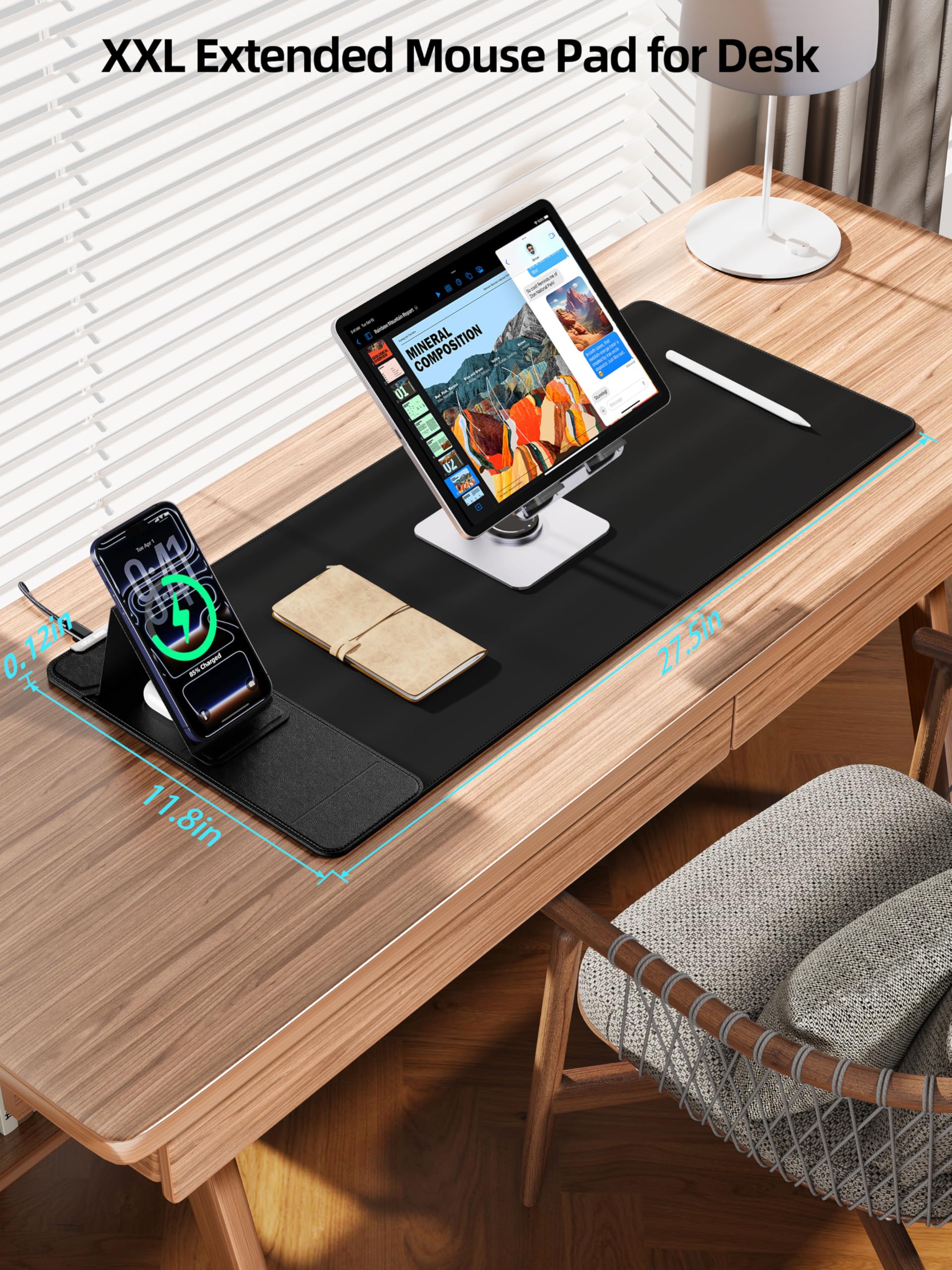 Tappetino per mouse con ricarica wireless magnetica e supporto regolabile per telefono, tappetino da scrivania esteso da 70 x 30 cm, tappetino per tastiera impermeabile ultra liscio, base antiscivolo