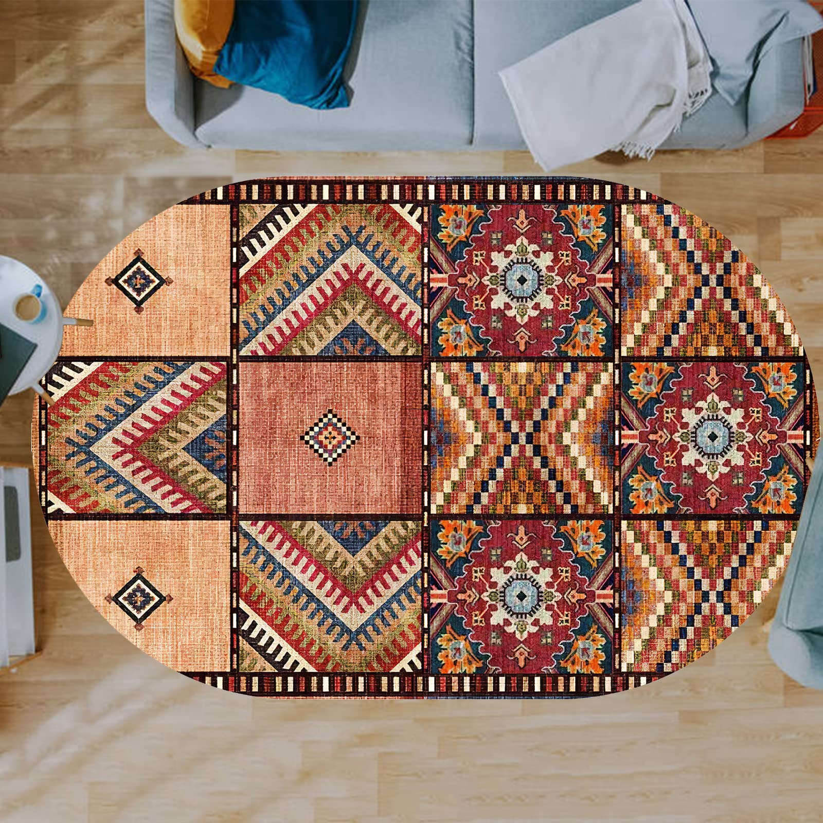 Tapis carré vintage multicolore motif patchwork 120 x 120 cm idéal pour salon, chambre à coucher, salle à manger, couloir, tapis coloré multicolore pour décoration d'intérieur
