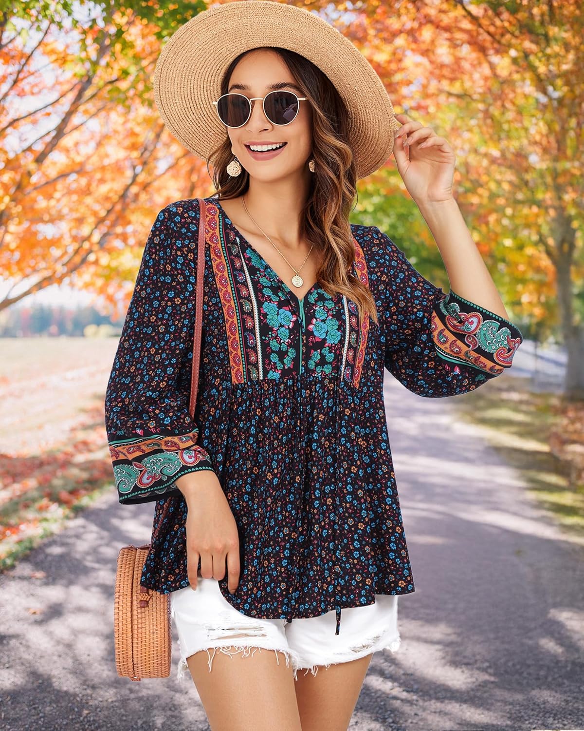 Unixseque Summer Boho Womens Tops Floral Print Dressy Casual V-Neck Tie Front Trendy Fall 3/4 Sleeve Blouses - Image 3