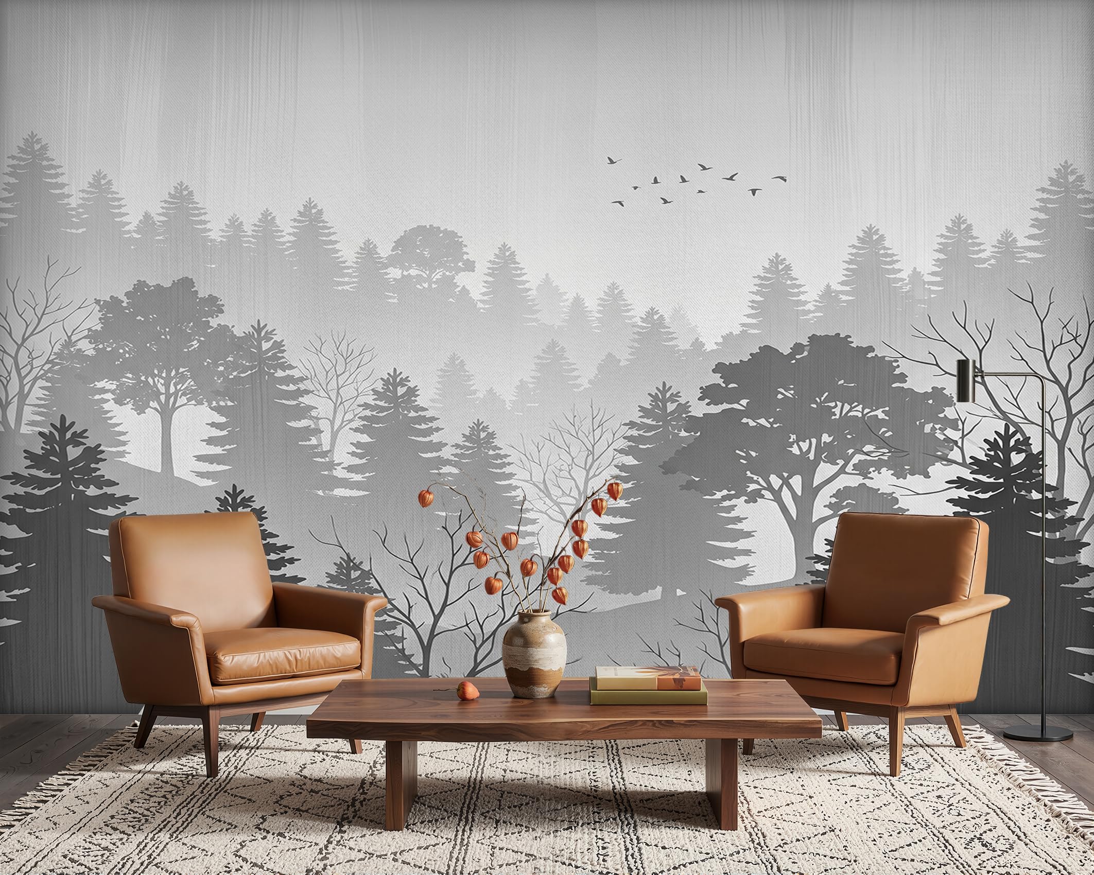 PaxGloz Grey Pine Forest Wallpaper, Woodland Scenery Monochrome Wall Mural for Living Room & Bedroom, Non-Woven Decorative Wall Art 300x210 cm