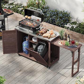 78.3" Outdoor Kitchen Island with Foldable Grill Table & Storage, Wooden Cart with Stainless Steel Top, Trash Can Holder, Bar Cart for Patio Lawn Garden 78.3"+Dark Brown