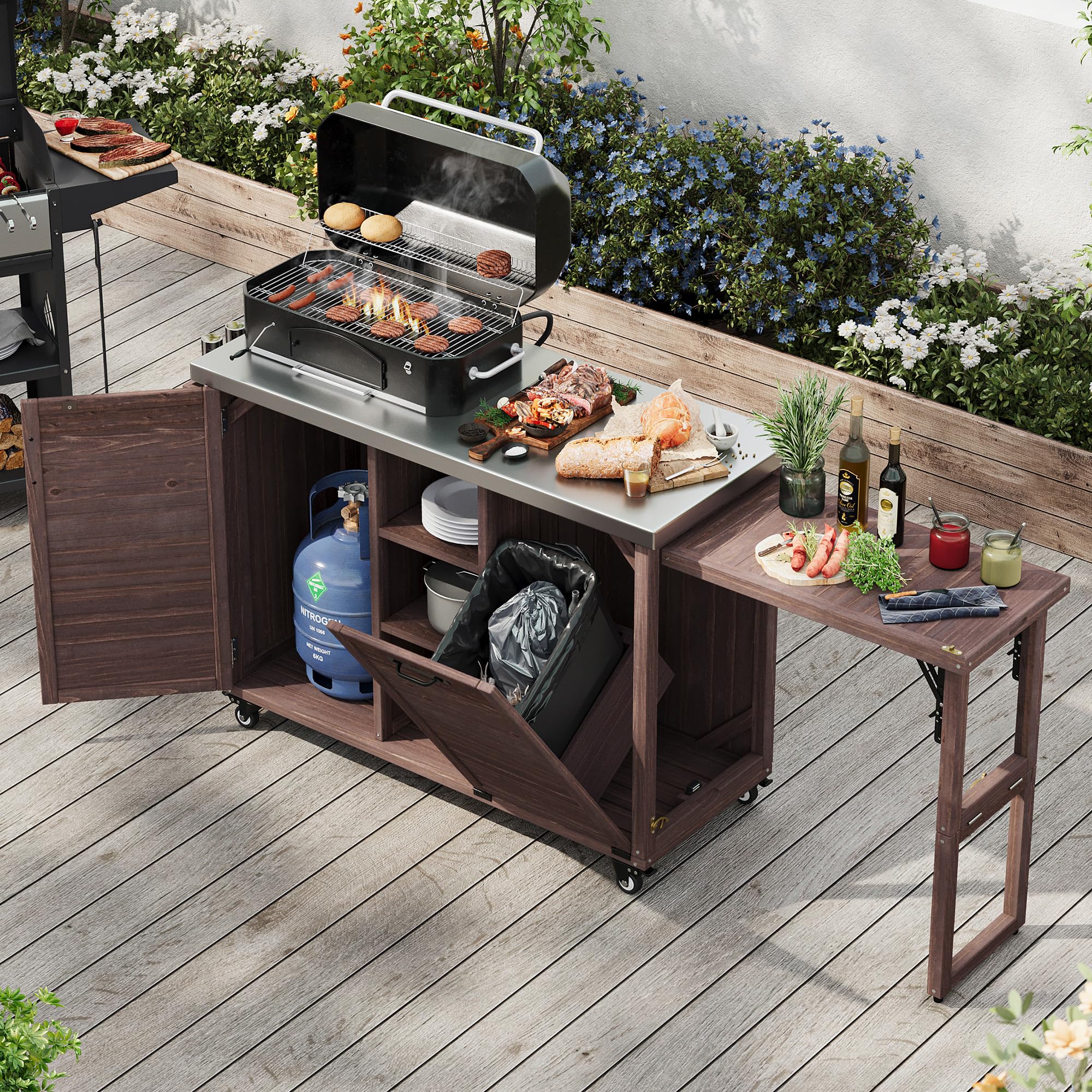 Merax 78.3" Outdoor Kitchen Island with Foldable Grill Table, Wooden Outdoor Grill Cart with Trash Can Storage &amp; Stainless Steel Top, Outdoor Bar Cart, Pizza Oven Table for Lawn &amp; Garden, Dark Brown