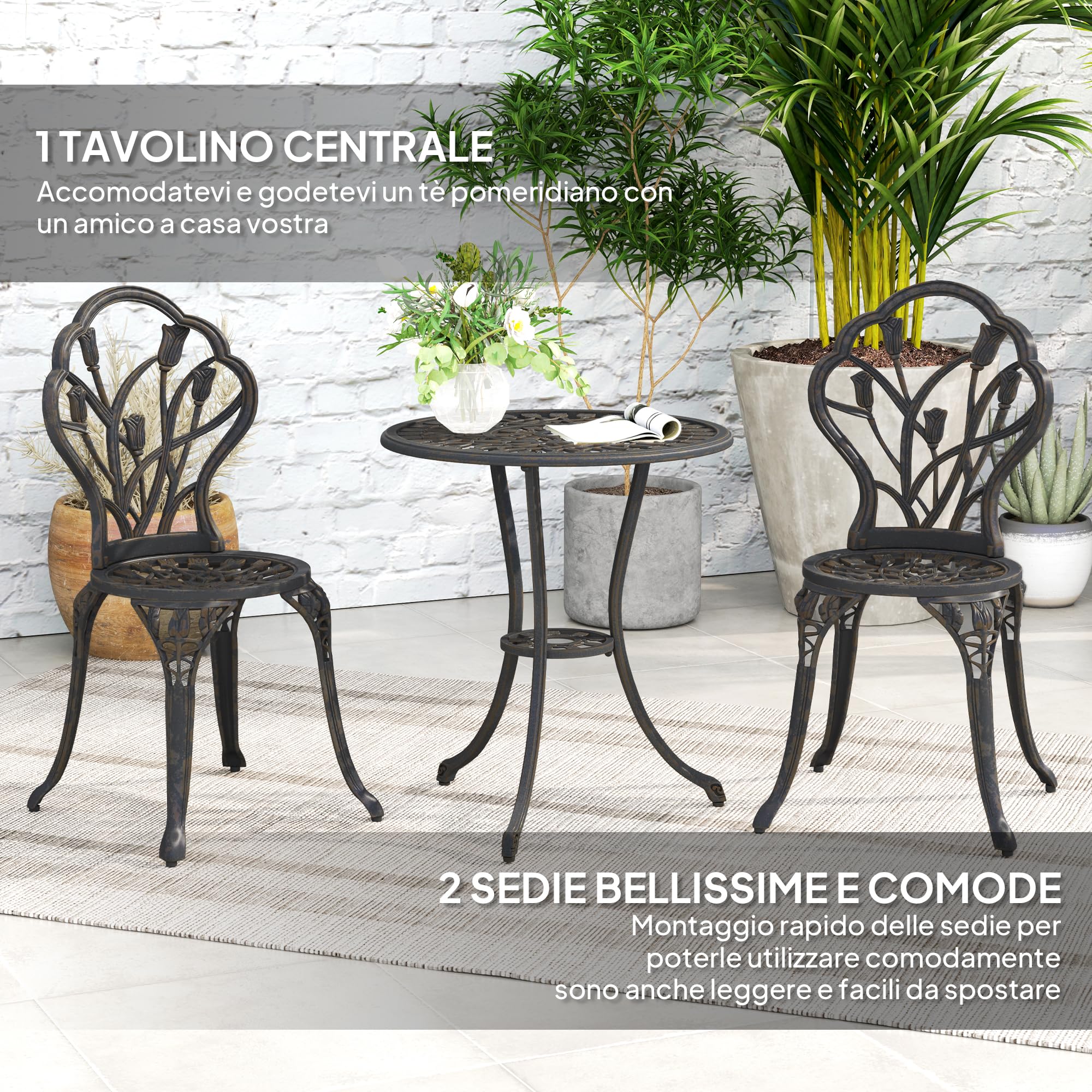 Outsunny Set de terraza de Exterior de 3 Piezas con 2 sillas de jardín y Mesa Redonda con Orificio para sombrilla, Juego de Mesa y sillas de balcón de Aluminio, para Patio, jardín, Bronce | Mesa redonda de exterior con 2 sillas, juego de balcón de alumini