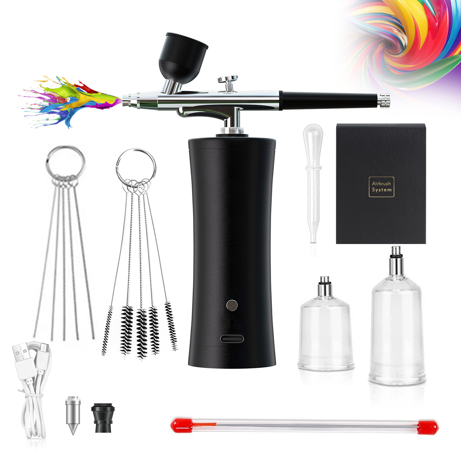 Set Aerografo, Kit Aerografo, Set Aerografo Senza Fili, Aerografo Con Compressore USB Ricaricabile, Kit Aerografo Con Compressore Per Pittura Di Modelli, Trucco, Barbiere, Decorazione Di Torte (Nero