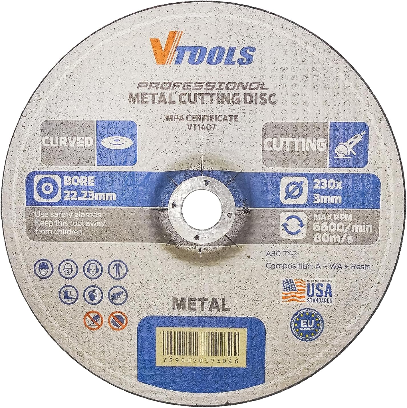 VTOOLS 230 mm x 3 mm Curved Metal Cutting Discs, 9 Inch Metal Cutting Wheels for Angle Grinder, Grey, VT1407