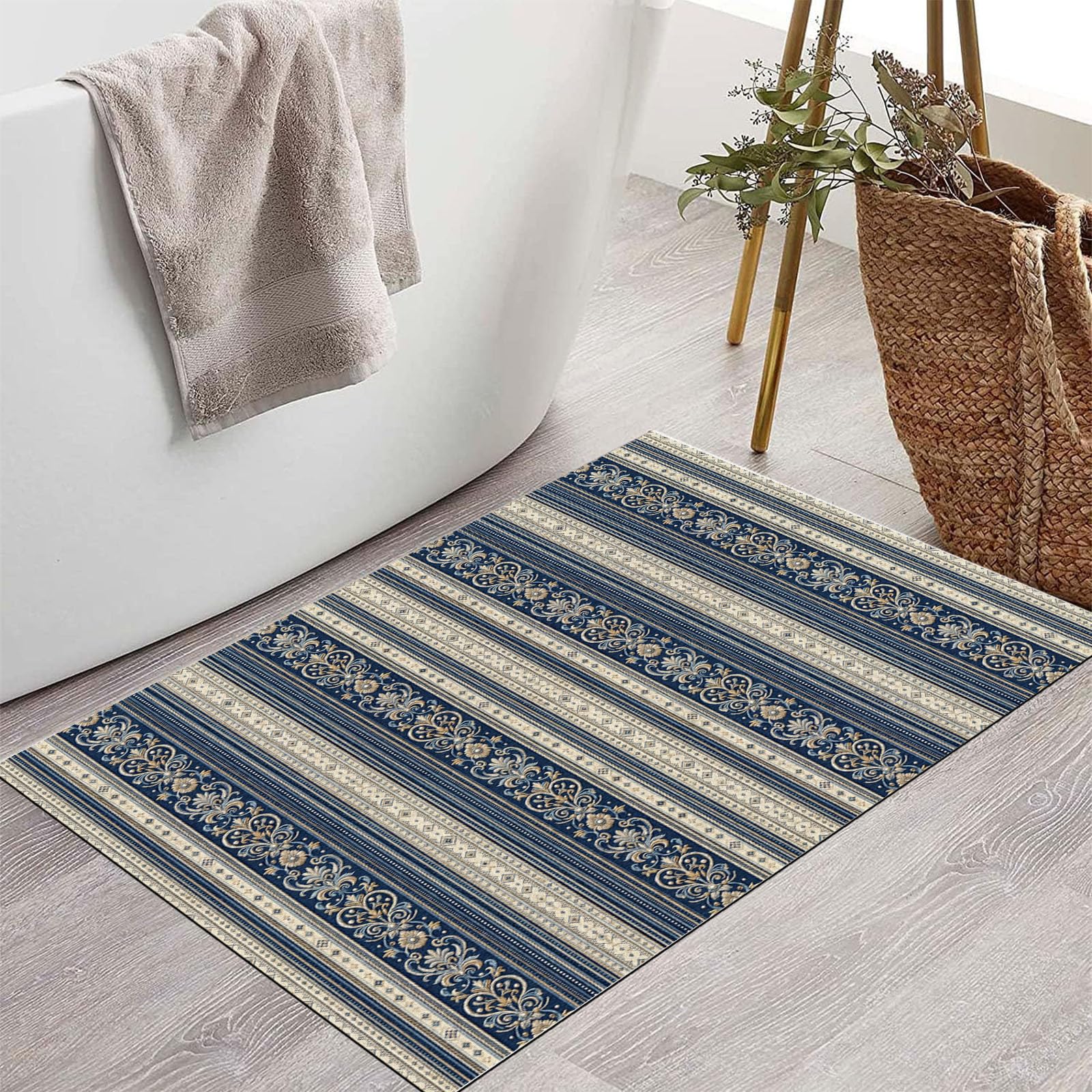 Zerbino Ingresso Interno Eleganti Righe Damascate, Zerbino Di Benvenuto Lavabile Morbida Geometrico Retrò, Antiscivolo Tappeto Da Decorazioni Beige Blu Per Casa Porta D'Ingresso, 90X150Cm