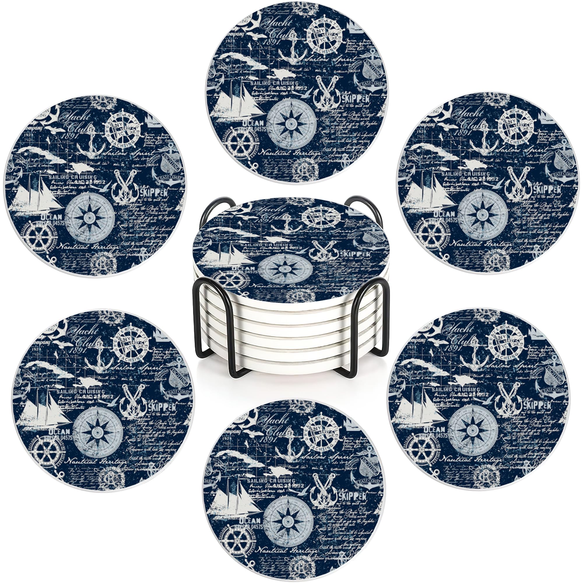 Anchor Navy Blue Set of 6 Absorbent Ceramic Coasters with Cork Base & Holder,10cm Round Drink Mats for Mugs, Wine Glasses - Spill Protection for Wood/Glass Tables โ image 1
