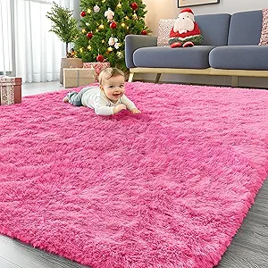 OLANLY 6x9 Machine Washable Large Area Rugs for Living Room, Bedroom, Soft Fluffy Shaggy Bedside Rug, Indoor Floor Carpet for Kids Girls and Boys, Dorms, Nursery, Home Decor Aesthetic, Hot Pink