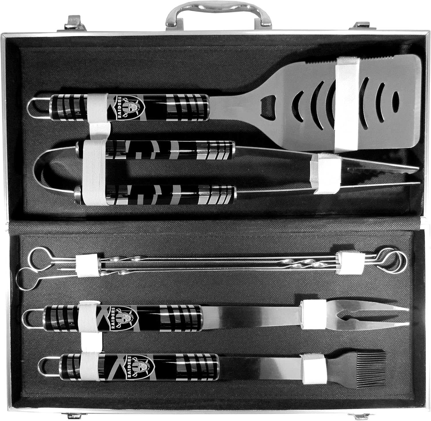 NFL Siskiyou Sports Fan Shop Las Vegas Raiders Steel Tailgater BBQ Set w/Case 8 piece Gray