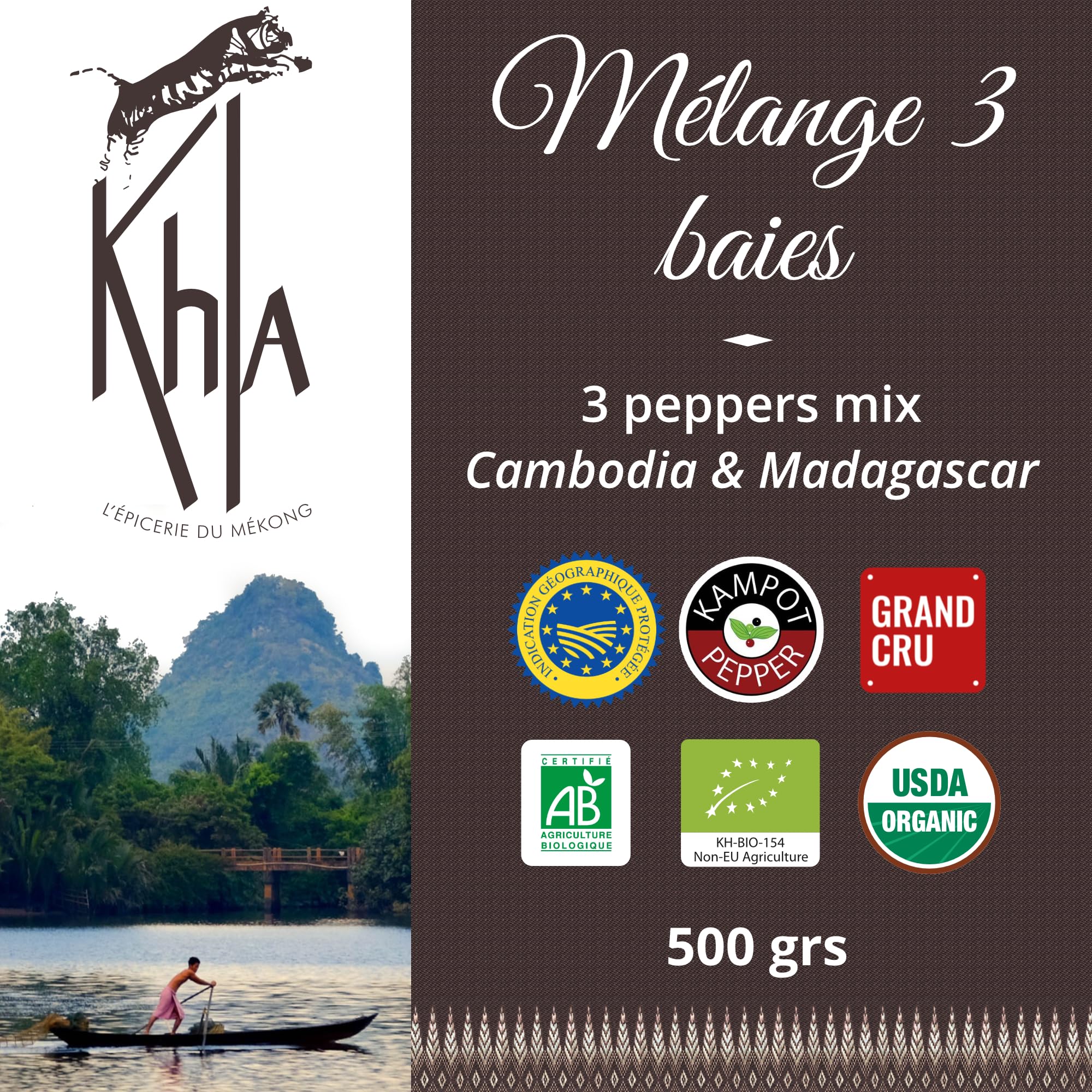 Khla - Bunter Pfeffer Ganz Bio 500g - Schwarzer, Weißer & Rosa Pfeffer - Bunt Kampot Pfefferkörner - Premium Qualität - Limitierte Produktion - Direkt vom Erzeuger - Aus Kambodscha & Madagaskar