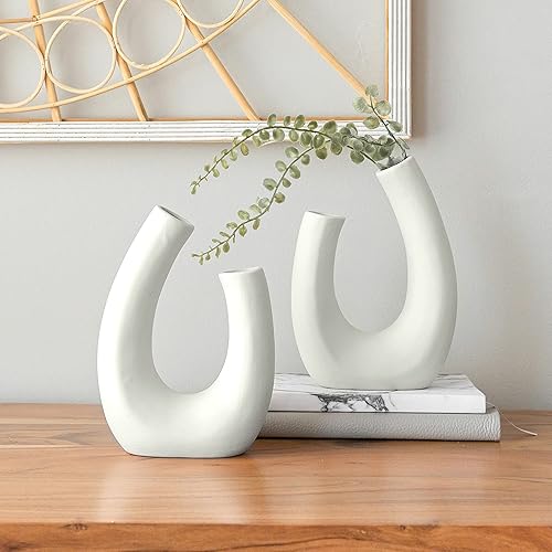 Crutello Jarrón minimalista de cerámica blanca estilo U  Juego de 2 decoración moderna del hogar para mantos, estanterías, mesas, entradas