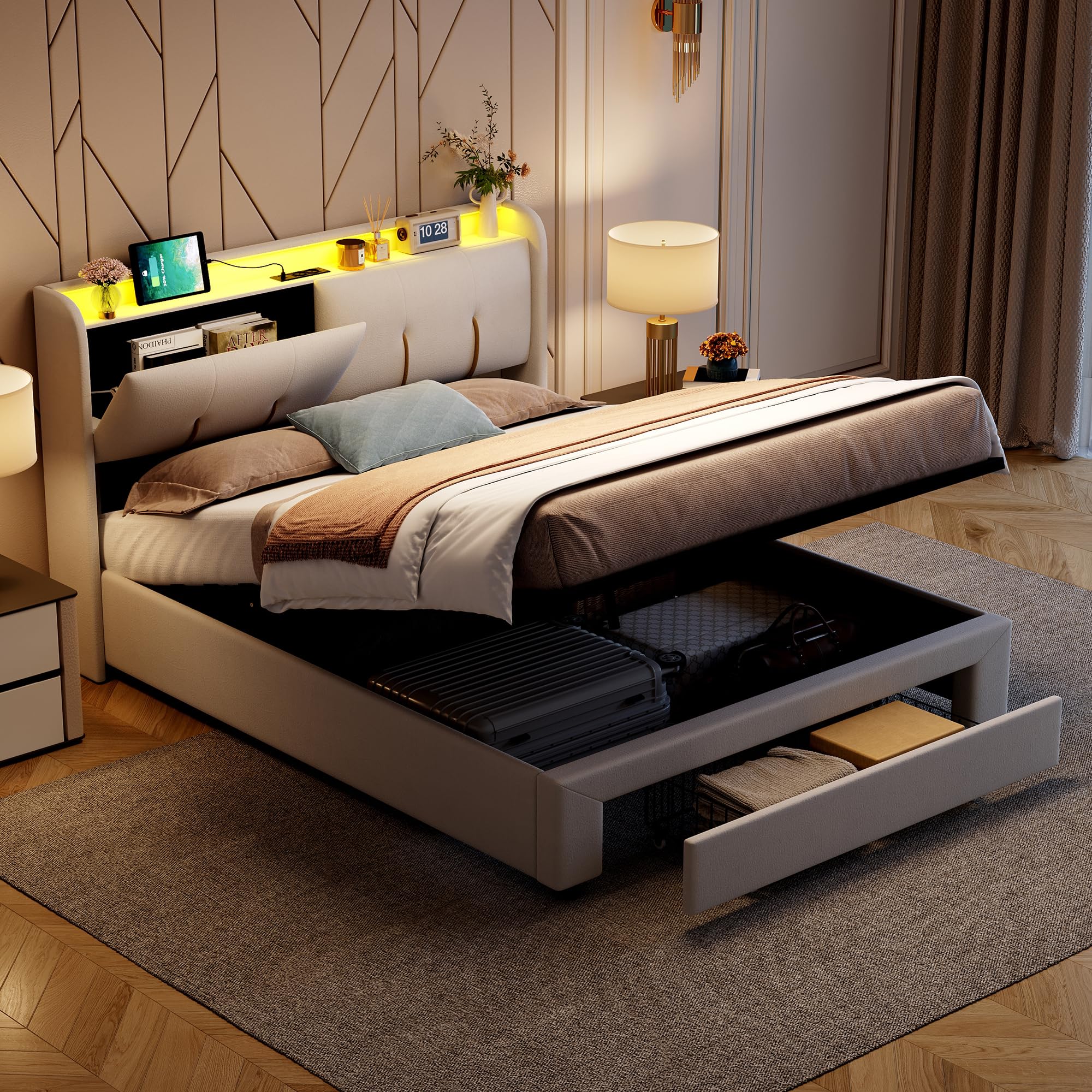 Letto imbottito idraulico 160 x 200 cm, letto matrimoniale con USB e illuminazione a LED, con rete a doghe e testiera del letto, velluto, beige bianco