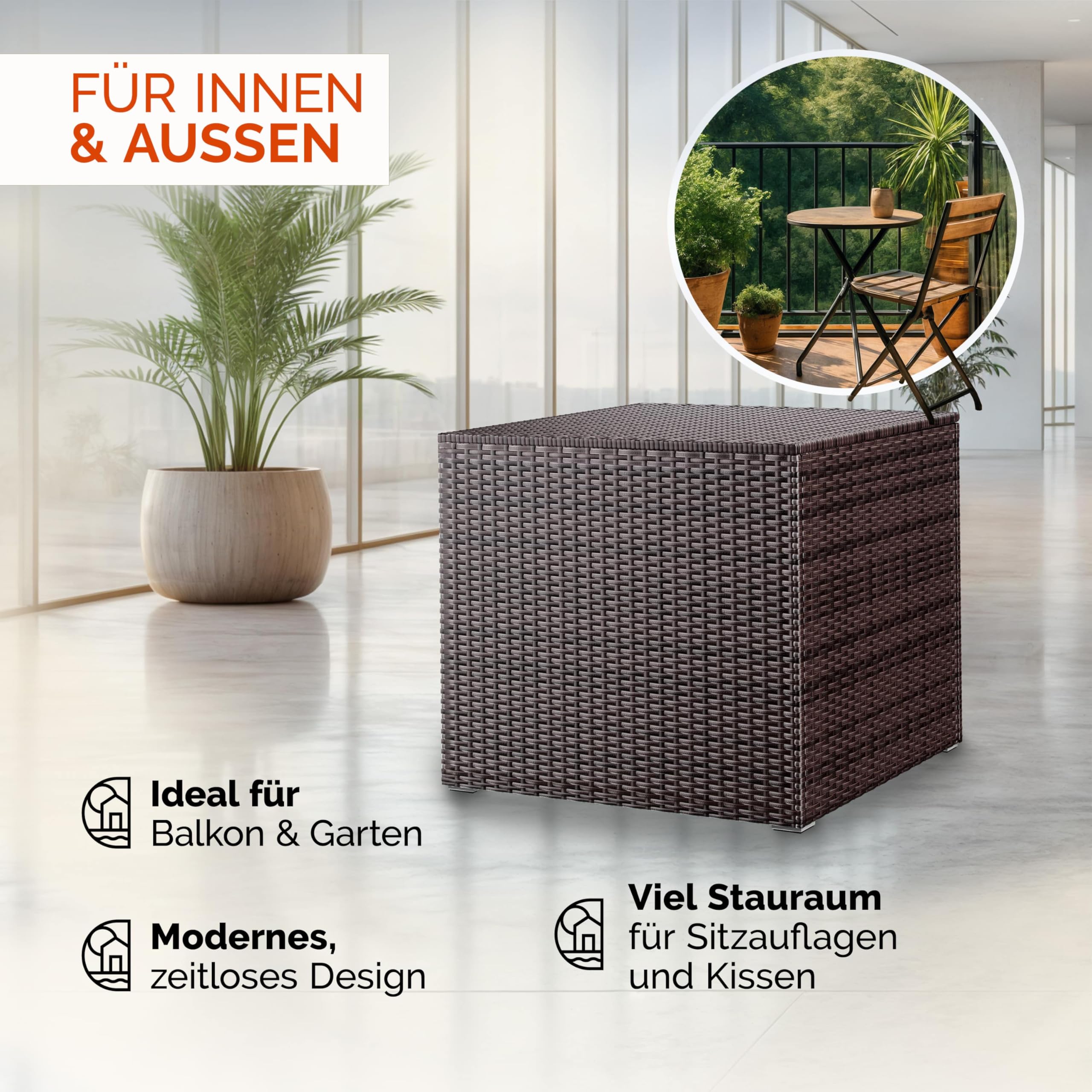 Casaria® Auflagenbox 318L Polyrattan - Wetterfeste Garten Aufbewahrungsbox für Kissen & Sitzauflagen 75x75x70cm, für Balkon, Terrasse und Garten, UV-beständig Braun