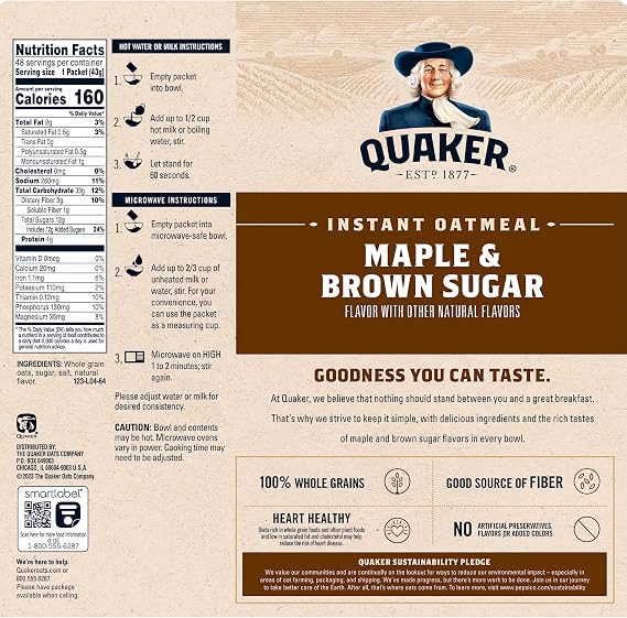 Quaker Instant Oatmeal, Maple & Brown Sugar, Individual Packets, 48 Count