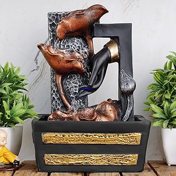 Global Grabbers Polyresin Table Top Indoor Outdoor Water Fall Fountain with LED Lights Home Decor Decoration Gift Gifting Items-GOL_BLK-S5-(1)