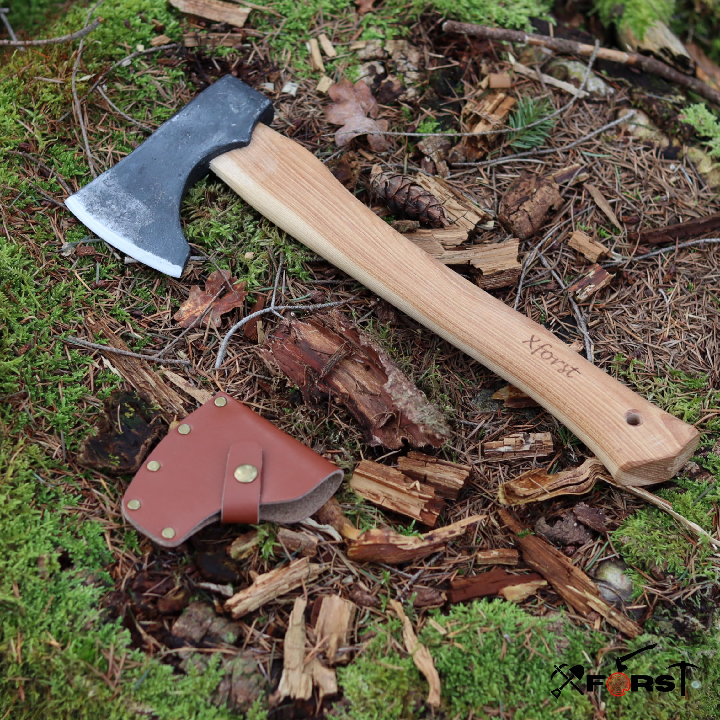 Xforst Hacha, Hachuela con vaina de cuero de acero al carbono forjado afilada, Hacha de mano de supervivencia - Modelo Vikingo X-TA5B