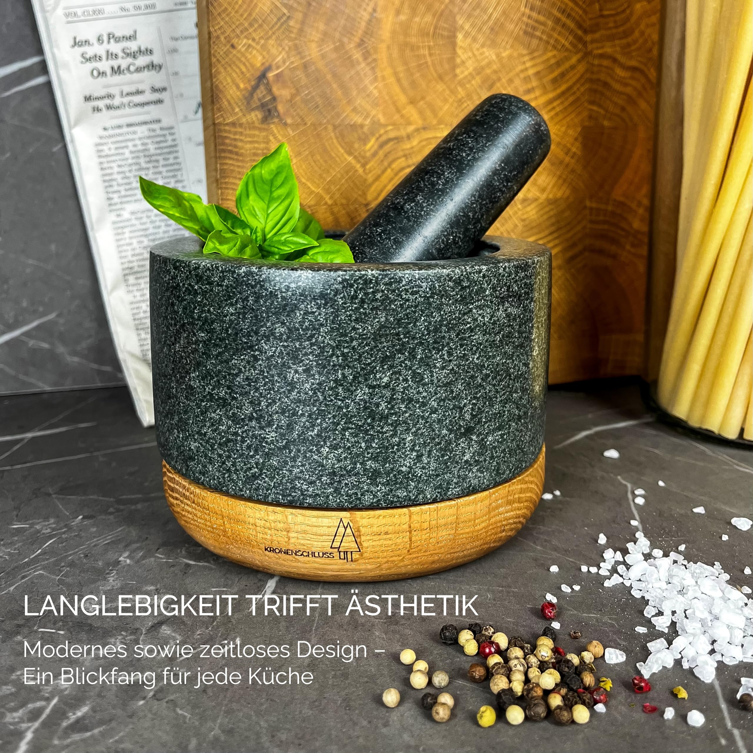 Mortaio Con Pestello In Marmo E Base Legno Di Quercia WALDWERK - Per Spezie E Erbe - Foto 7