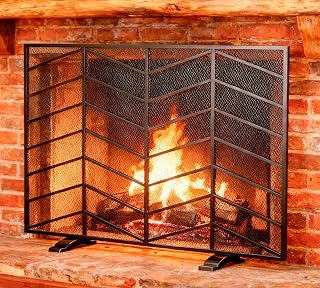 Fire Beauty Black Single Panel Wrought Iron Mesh Chevron Fireplace Screen - Rustic Spark Guard for Safe Living Room Decor