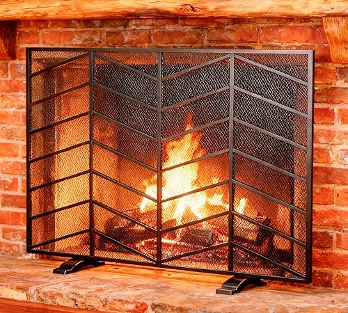 Miniatura 8 de Fire Beauty Pantalla de Chimenea de Panel Individual de Malla de Hierro Forjado Artesanal con Patrón Chevron, Protector contra Chispas de Fuego