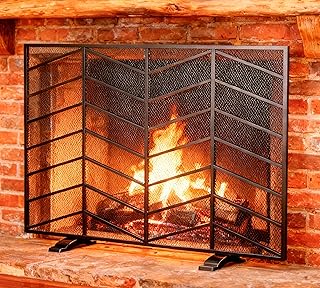 Fire Beauty Single Panel Handcrafted Wrought Iron Mesh Chevron Fireplace...