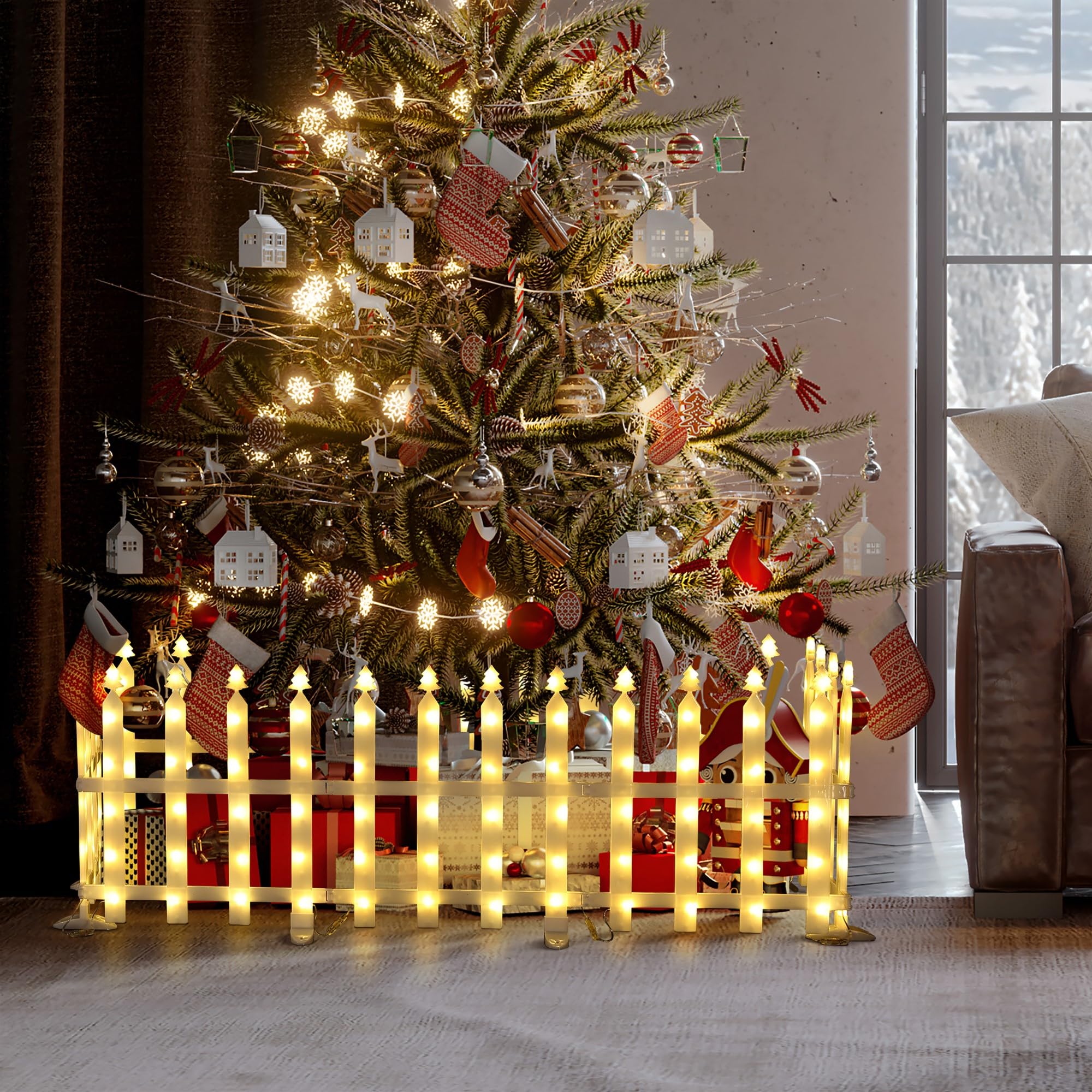 LuxenHome 8 Pack Lighted Christmas Tree Fences, 8 Lighting Modes Tree Picket Plastic Fence Panels with 192 LED Lights, Prelit Fence Lights for Christmas Tree, Walkway Holiday Display Decorations
