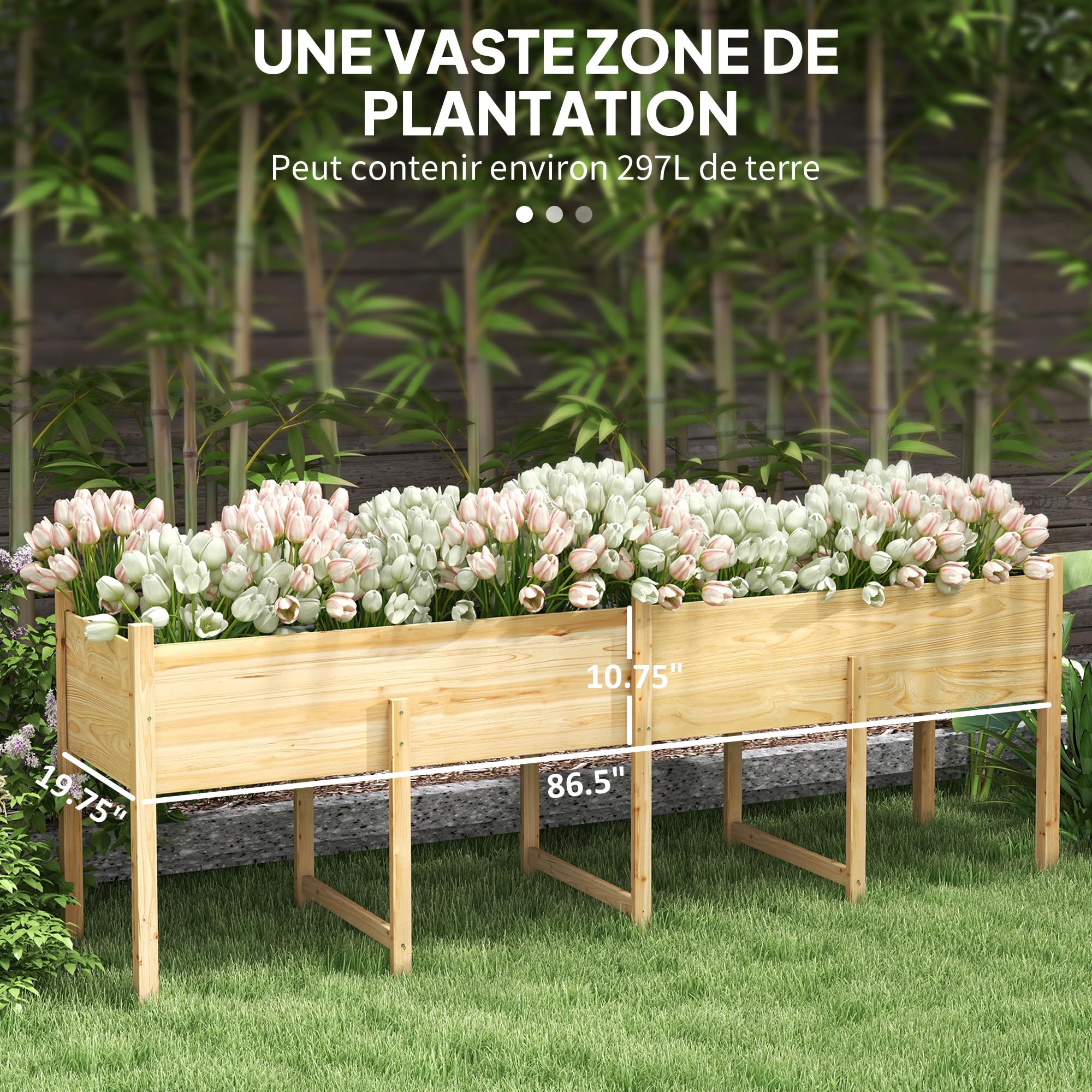 Outsunny Jardinière sur Pieds Inserts d'Irrigation 225x55x80cm Bois Naturel | Carré Potager de Jardin, Feutre de Drainage, Potager Surélevé en Bois, pour Fleurs, Herbes, Légumes