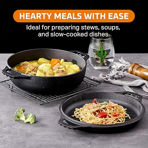 Miniatura 5 de Bruntmor Horno holandés de hierro fundido presazonado 2 en 1 con asas dobles, sartén doble cocotte con tapa de parrilla de 3.3 cuartos - parrilla de