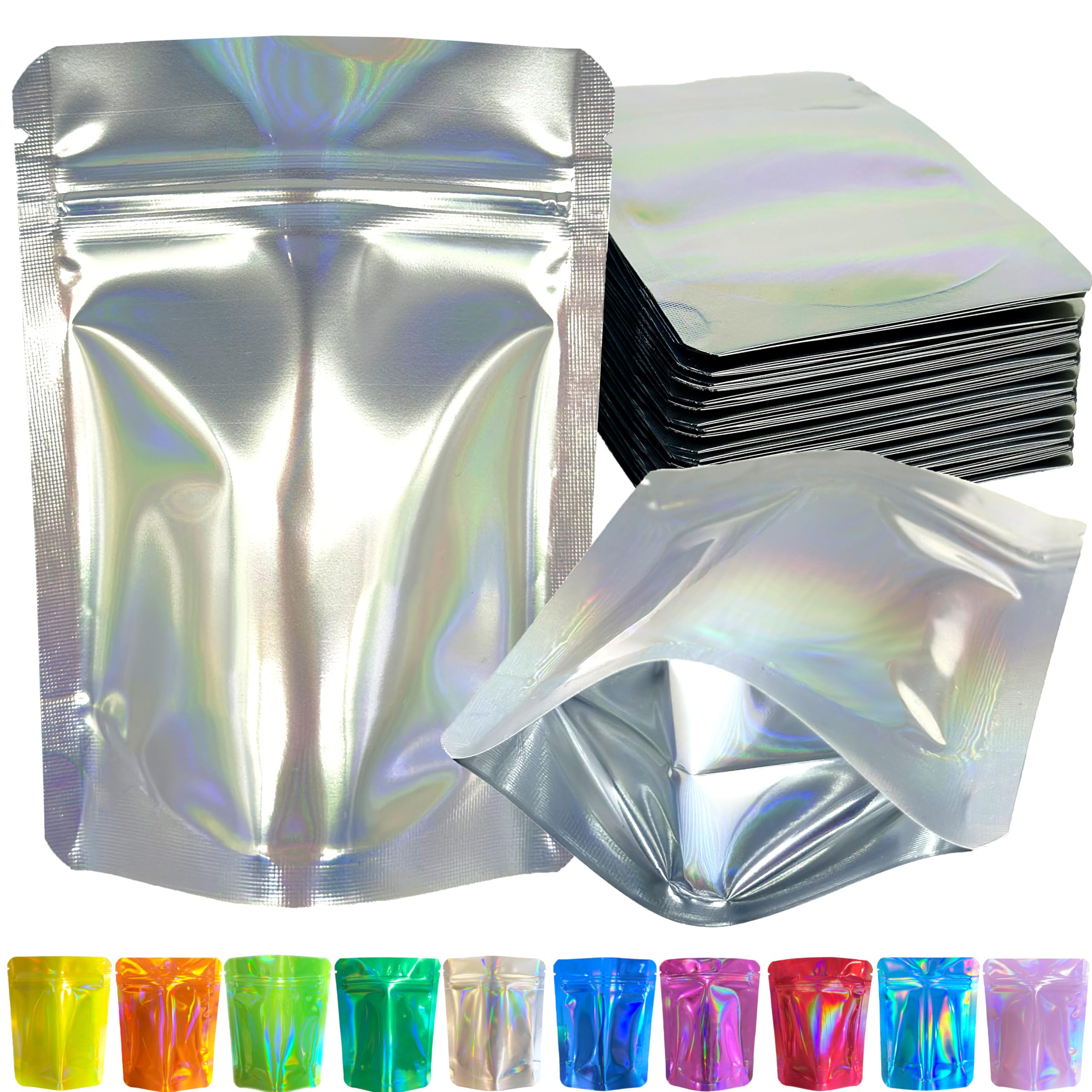 YINGZON 100 Pack Premium Smell Proof Mylar Bags, Resealable Food Storage Bags with Double-sided Holographic Printing, 4" x 6" Aluminum Foil Stand-up