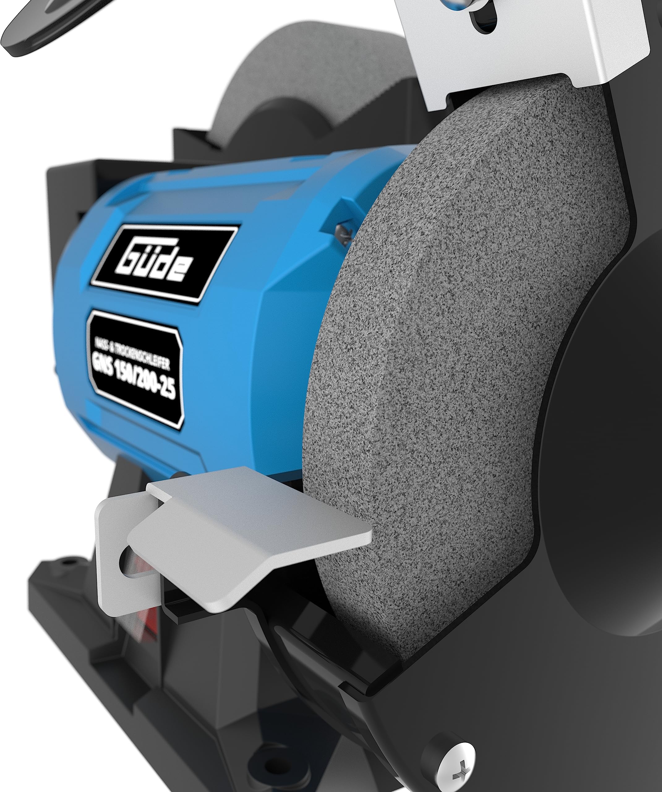 Güde 55238 GNS 150/200-55238 - Lijadora en seco y húmedo con motor de condensador y carcasa de metal estable, incluye disco abrasivo de 200 y 150 mm de diámetro, 250 W, 2950 min-1, color azul