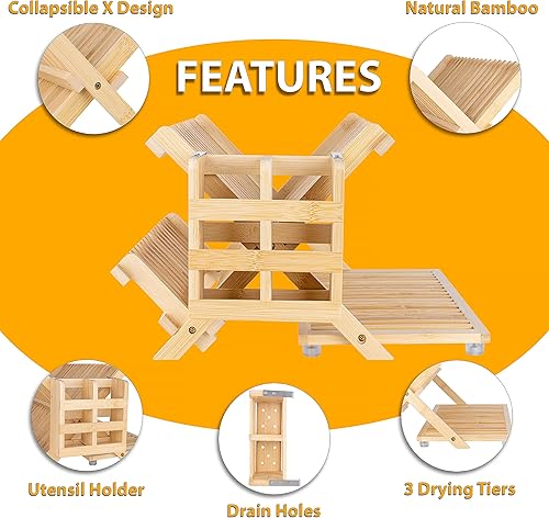 Miniatura 6 de JOEY'Z Escurridor de platos de bambú, plegable para encimera de cocina, 3 niveles (escurridor de platos con soporte para utensilios)