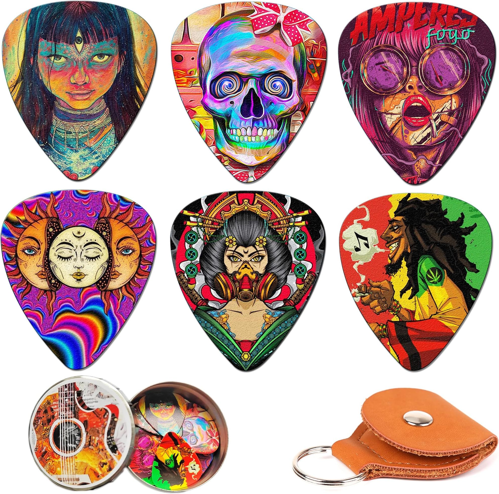Medium Guitar Picks 12 Pack Guitar Pics with Leather Pick Holder and Tin Box,Acoustic Guitar Picks Medium,Guitar Pick Variety Pack for Acoustic Bass Electric Guitar Lovers Gift (Mix-3)