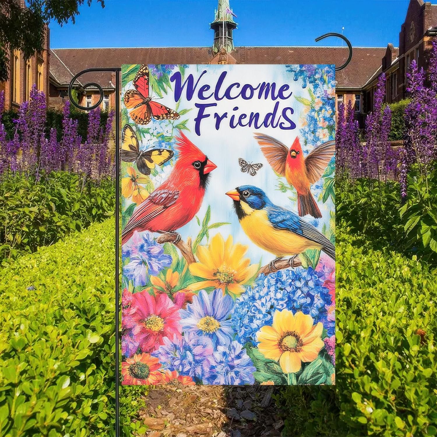 Spring Garden Flag Double Sided Garden Flag Birds Butterflies and Flowers Yard Flags Welcome Friends Design 12x18 Inch Polyester Yard Decoration for Outdoor Lawn and Patio - Image 3