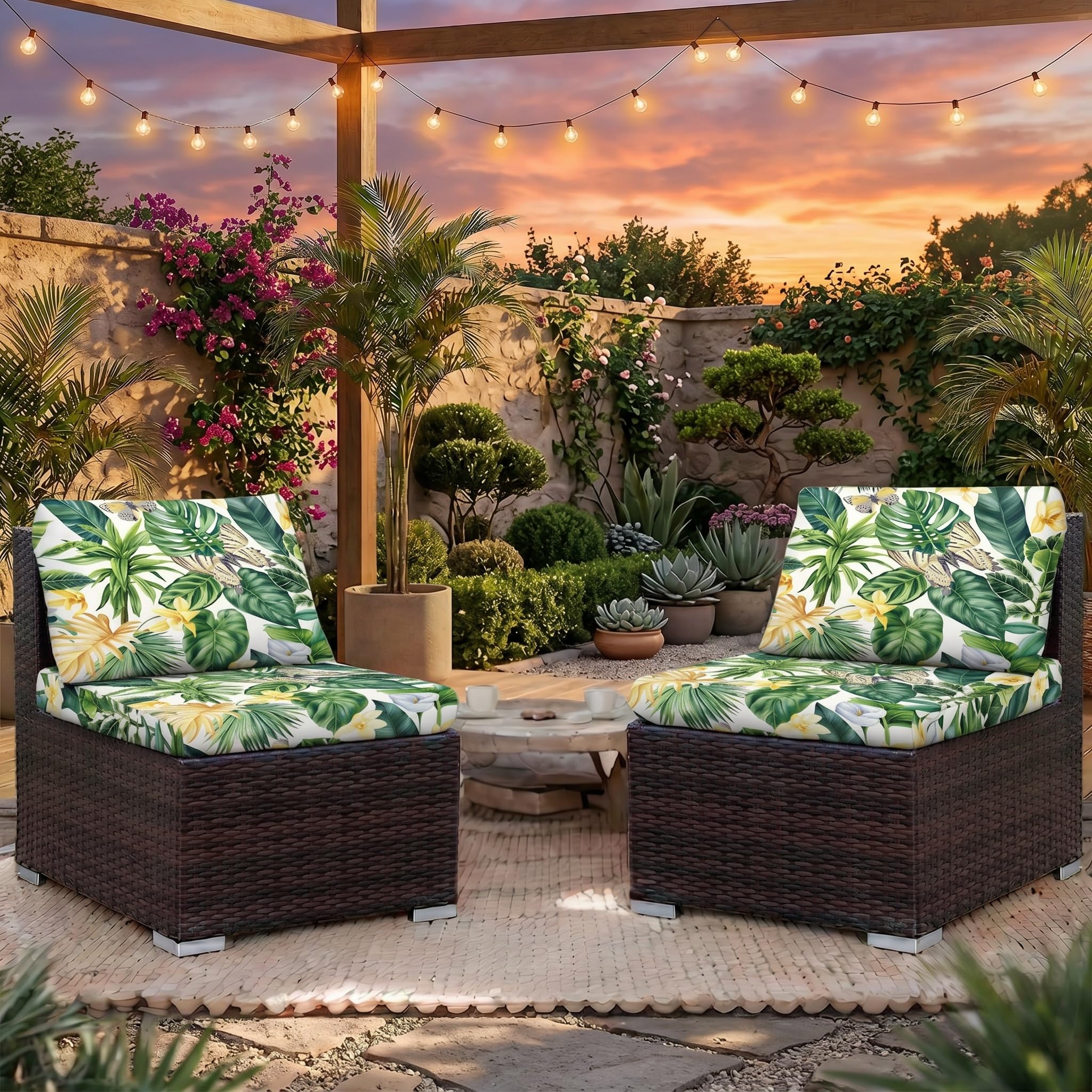 LiveGo Patio Stretch Sofa Cushion Cover Outdoor Cushion Cover Replacement Patio Furniture Cushions Couch Slipcovers Chair Seat Cover Soft Flexibility Protector (2, Green Leaves) — image 1