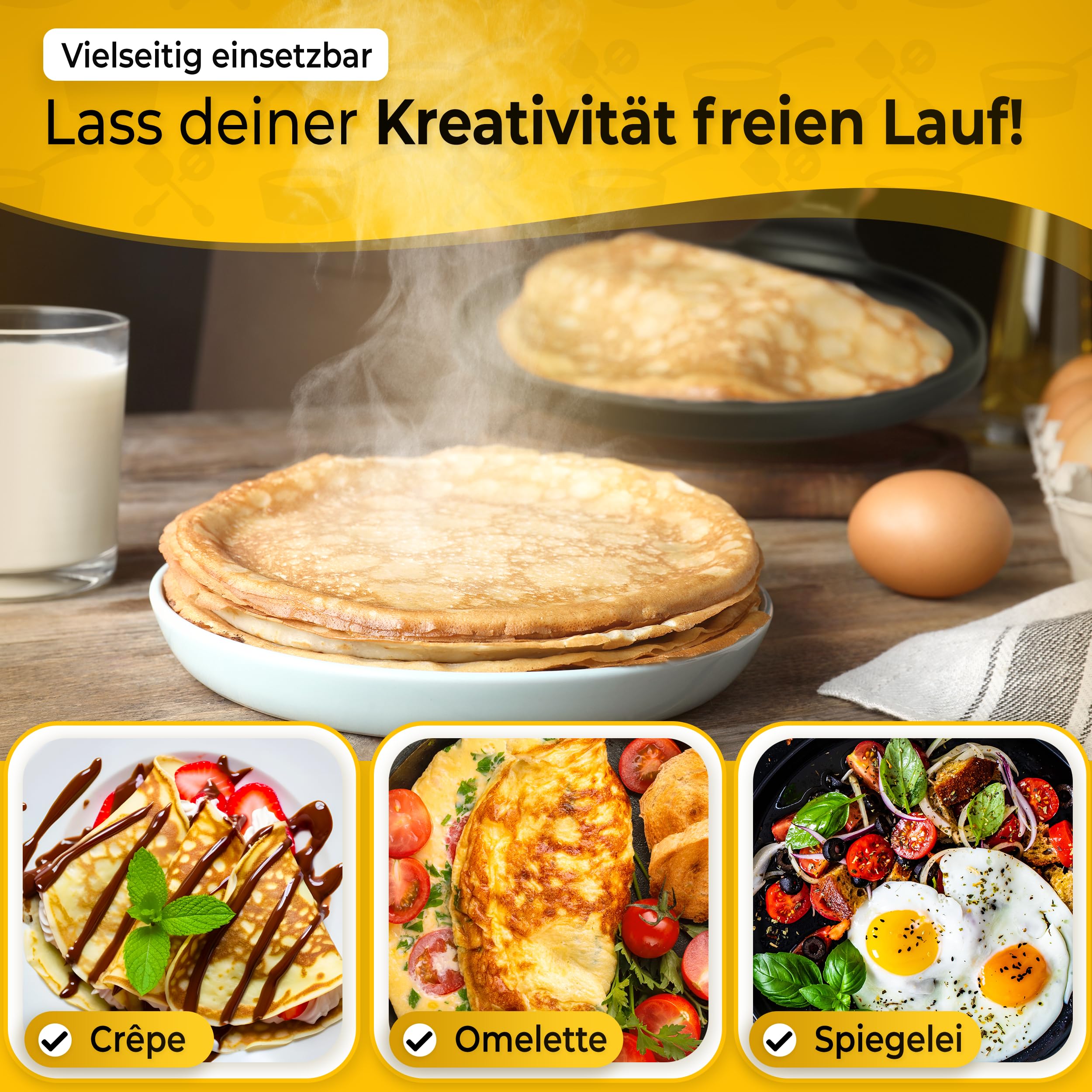 endusor Crepe Pfanne Induktion 26cm mit 3-facher Antihaftbeschichtung inkl. Spatel & Verteiler aus deutschem Buchenholz- Pfannkuchenpfanne für ALLE Herdarten - Flache Crepes Pfanne (OHNE PFOA + PFOS)