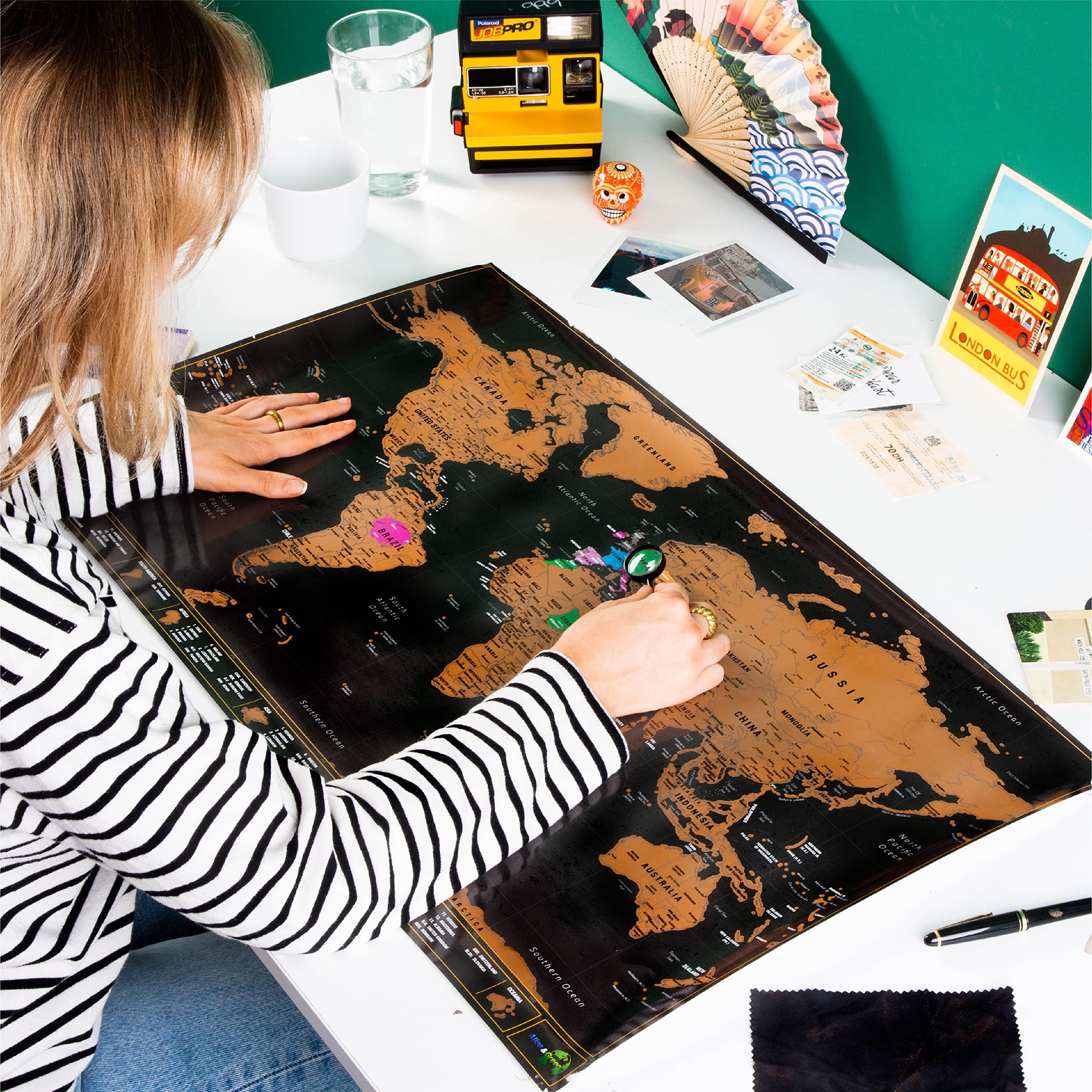 Atlas & Green Mappa del mondo da grattare, tutti gli stati americani, grande carta da viaggio A2 60 cm x 42 cm, mappa del mondo dei luoghi in cui sono stato mappa del mondo da graffiare. Accessori e