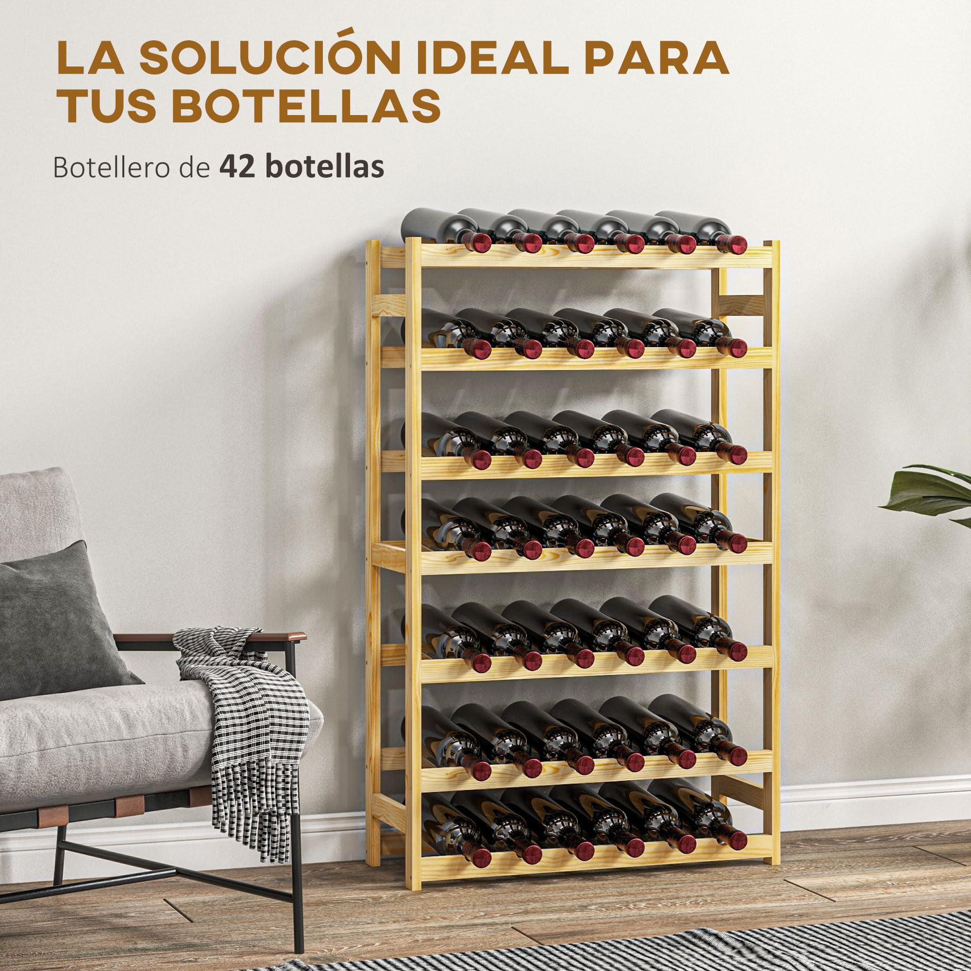 HOMCOM Botellero de Madera para 42 Botellas para Vino 63x25x102 cm Natural