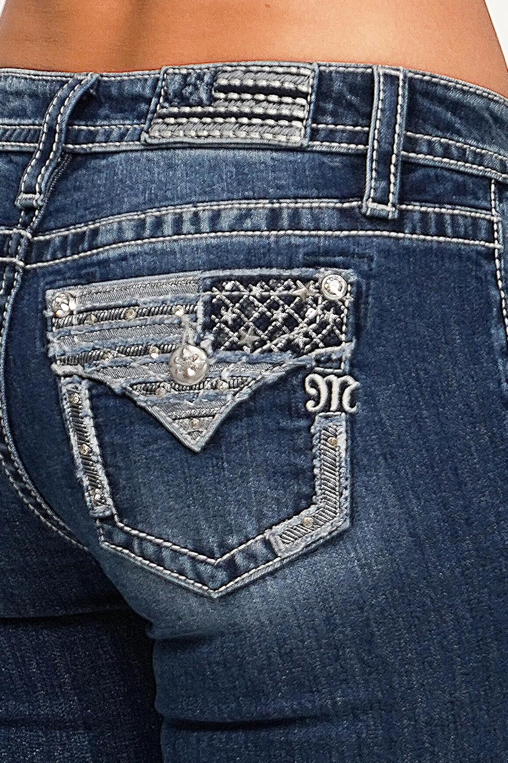Miss Me Women's Star Spangled Chic Mid Rise Bootcut Jeans with Faux Flap Pockets