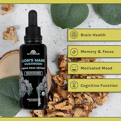 Miniatura 3 de Naturealm Suplemento líquido de tintura de hongo de melena de león - Enfoque, memoria y salud cerebral, vegano, sin OMG - Cuerpos fructíferos