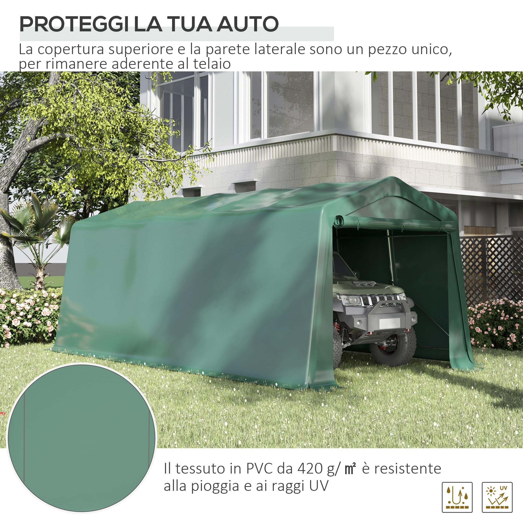 Outsunny Tendone Garage per Auto 6x3.1m in Acciaio e PVC con Ingresso a Doppia Cerniera e Picchetti, Verde Scuro