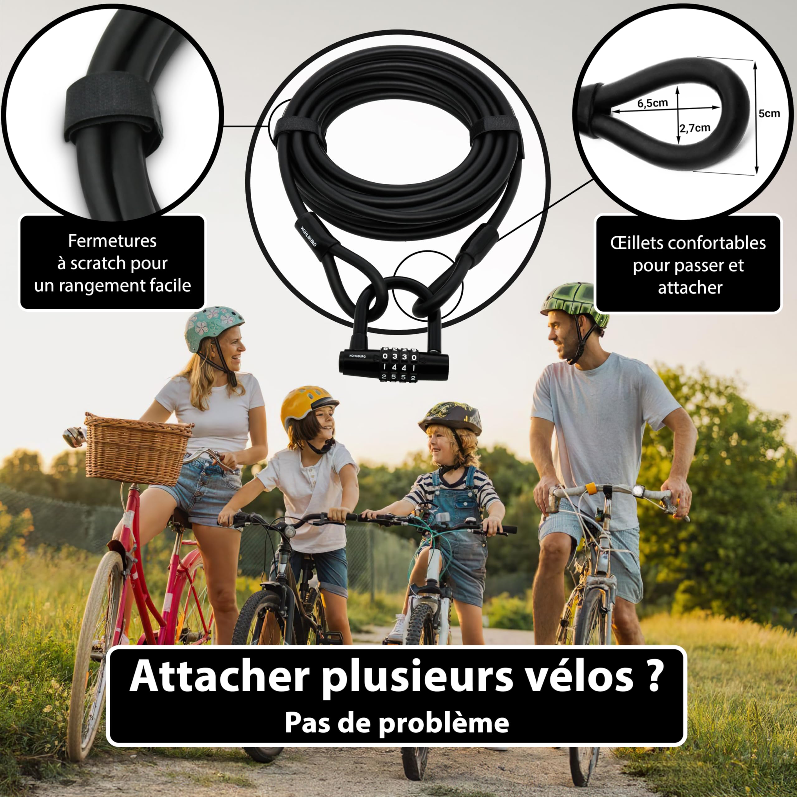 KOHLBURG cable antivol [20m de long, en acier] avec combinaison à chiffres – Serrure à code 2000 cm gaine cable de sécurité – Cadenas câble pour plusieurs vélos, bateaux, meubles de jardin, remorque