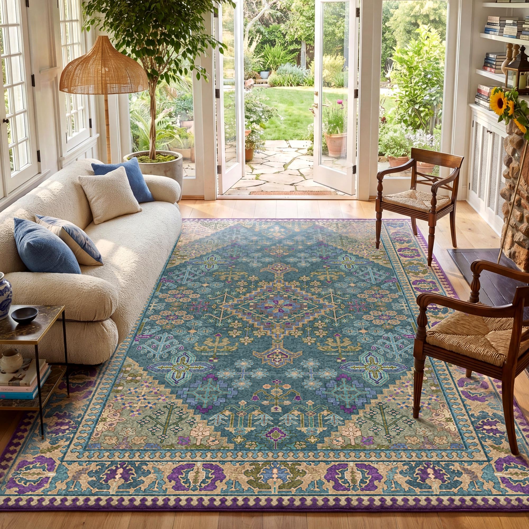 9x12 Boho Machine Washable Low Pile Area Rugs for Living Room Teal Purple