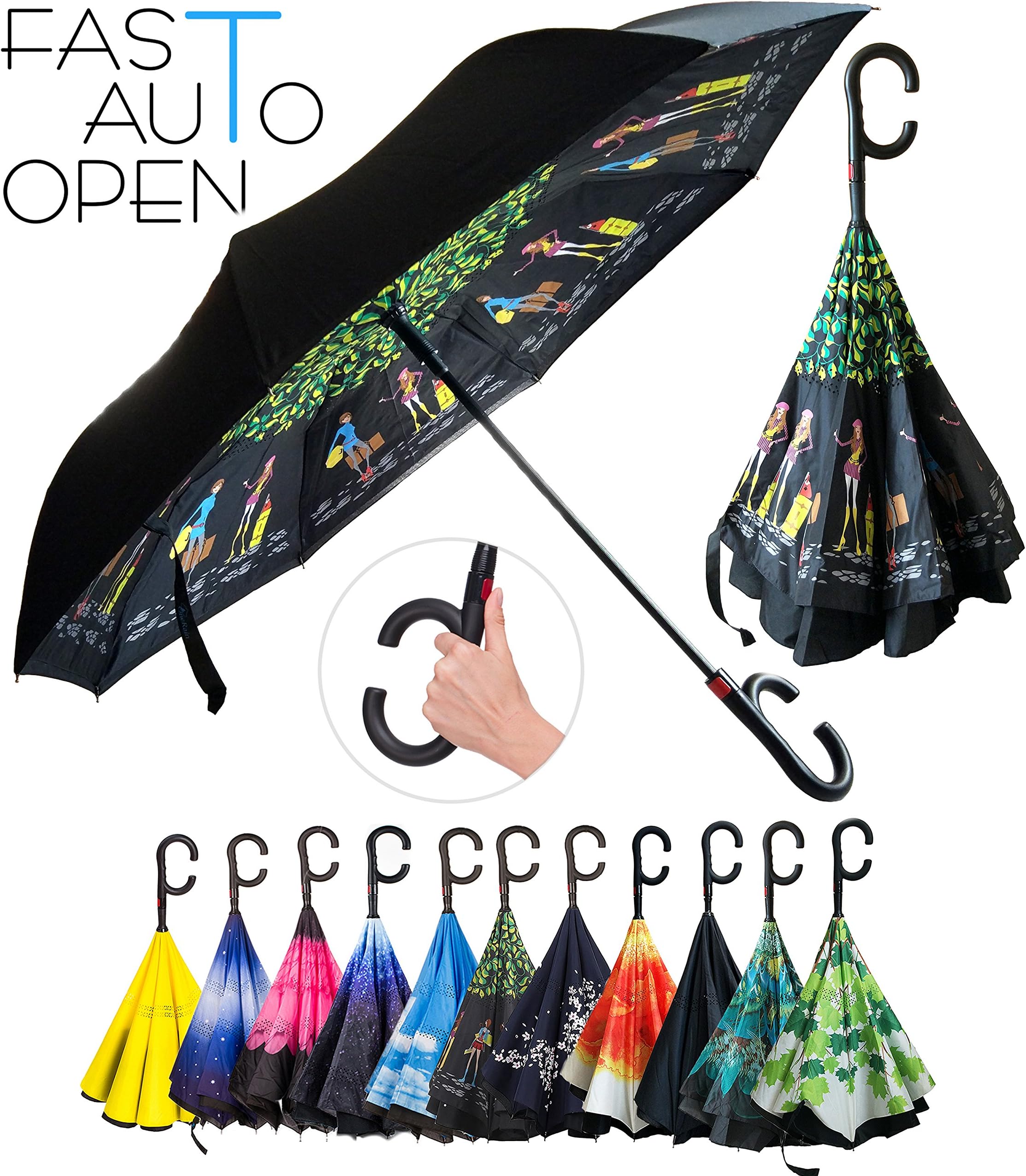 Double Layer Inverted Umbrella Auto Open Reverse Folding Umbrella Windproof UV Protection Big Straight Umbrella for Car Rain Outdoor Use