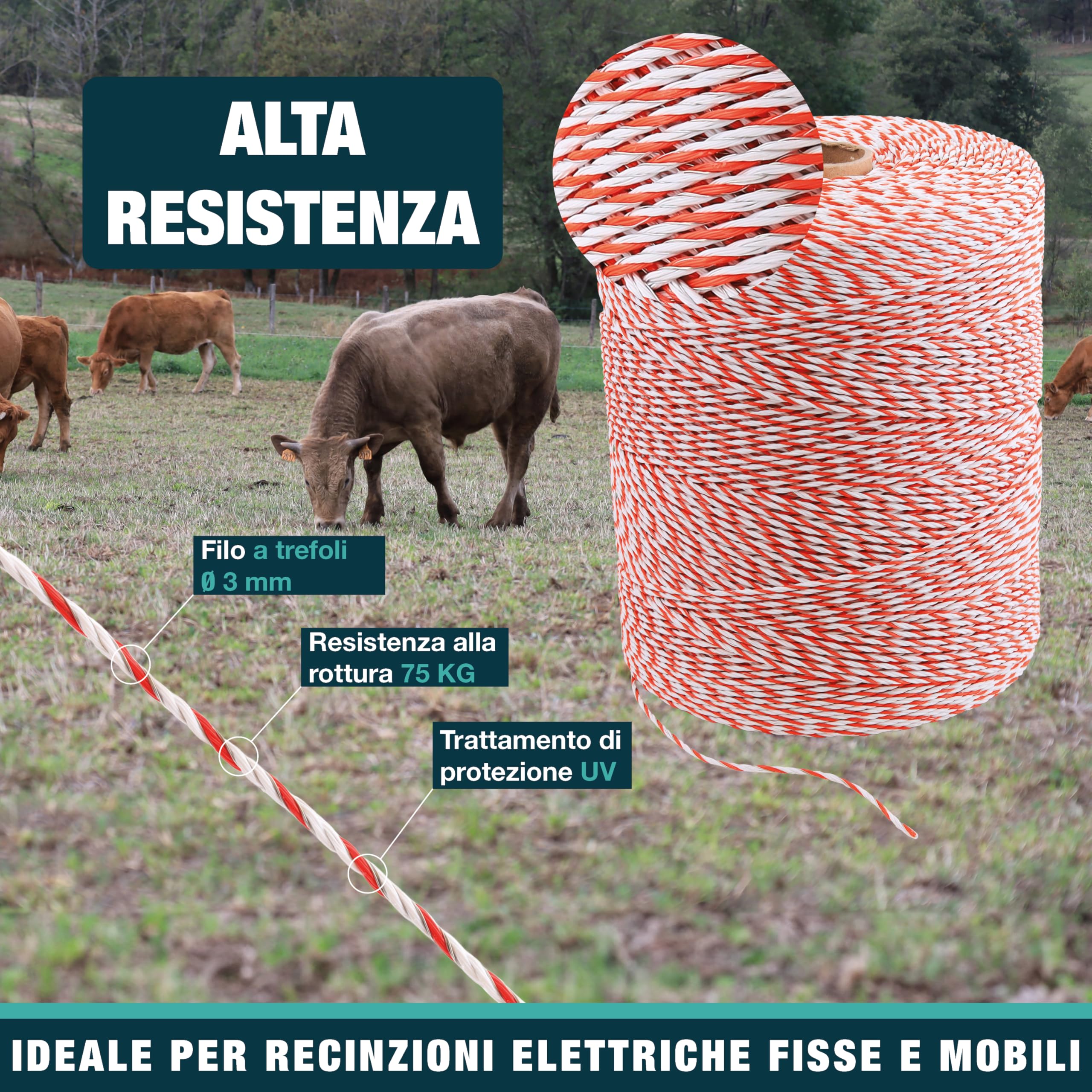 Filo per Recinto Elettrico Ø3 mm - 8 fili di acciaio inox Ø0,20 mm e 3 fili di rame Ø0,30 mm - Bobina 200-400-1000m - Ideale per recintare mucche, pecore, capre e cavalli (Bobina 1000m)