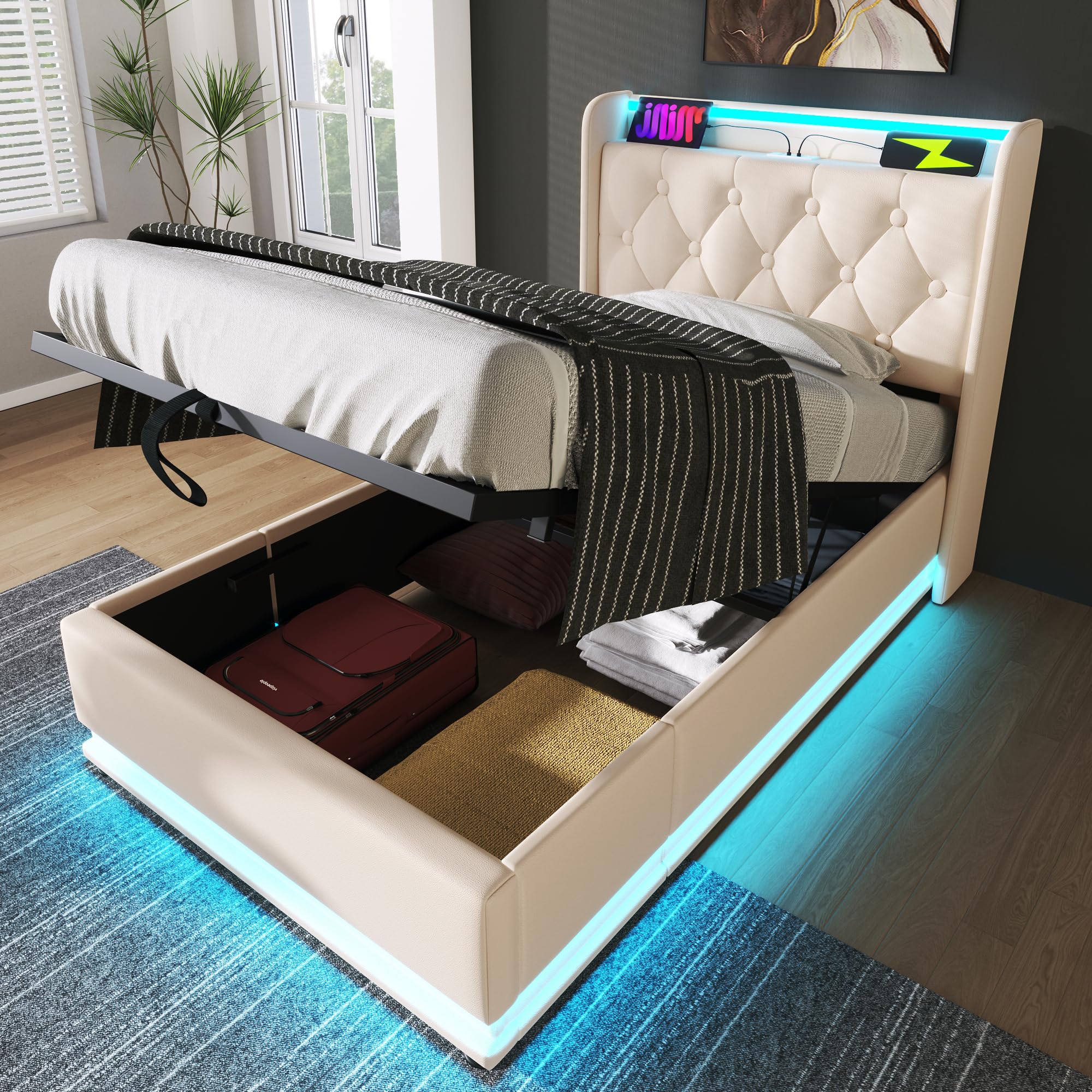 Ymkua Polsterbett Einzelbett 90x200 cm, Stauraumbett Bett mit LED-Funktion Kopfteil und Lattenrost, Jugendbett Bettgestell mit USB Typ-C Ladefunktion, Hydraulisch Funktionsbett, Weiß, PU,Ohne Matratze
