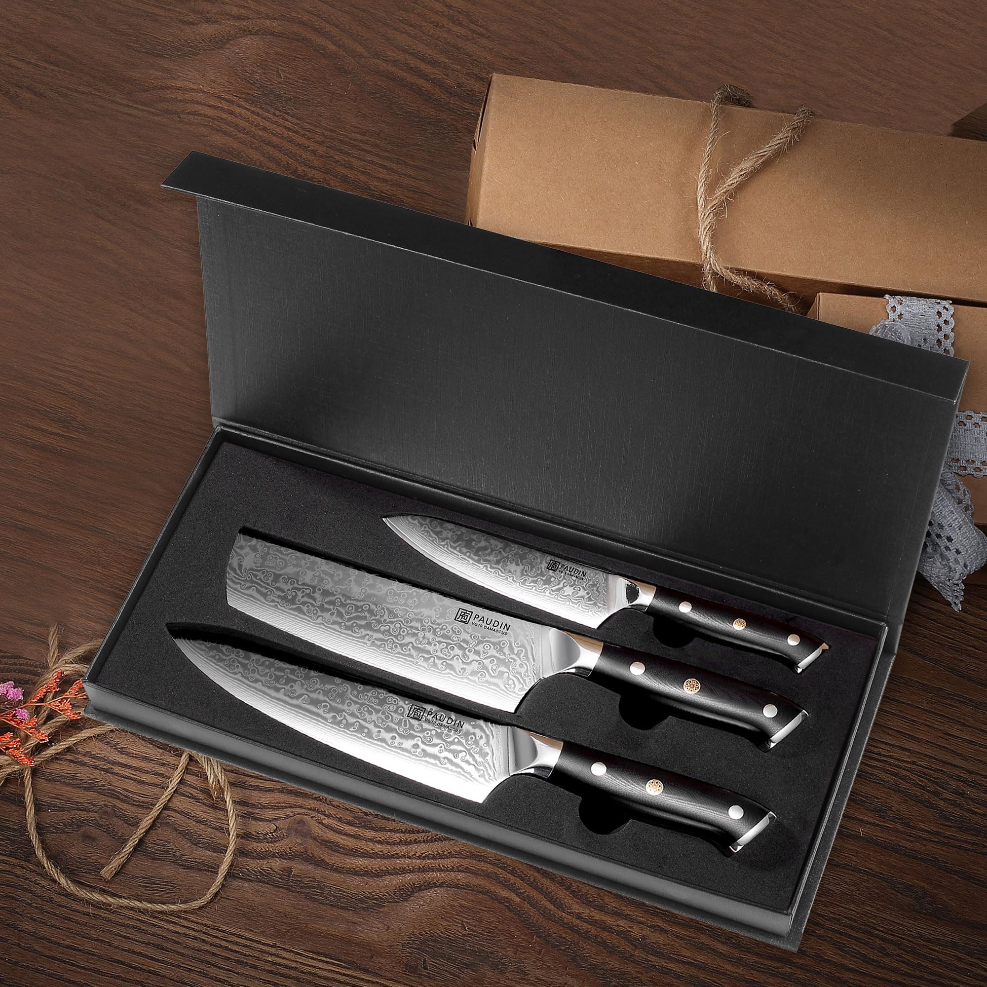 PAUDIN Set di 3 damascati in acciaio damascato ecologico e sostenibile, 67 strati VG10, con manico G10, coltello da cucina, coltello giapponese e multiuso ad alta durezza