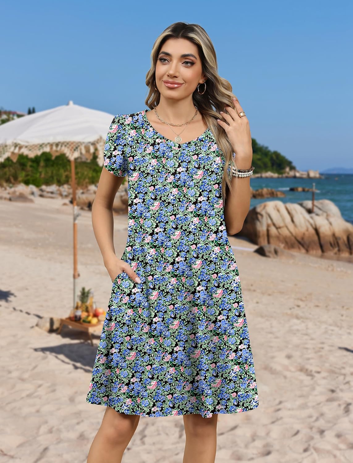 Zeagoo Womens Summer A-Line Dress with Pockets Mini Short Sleeve Dresses Flowy Beach Swing Dress 2026 Vacation Travel - Image 3