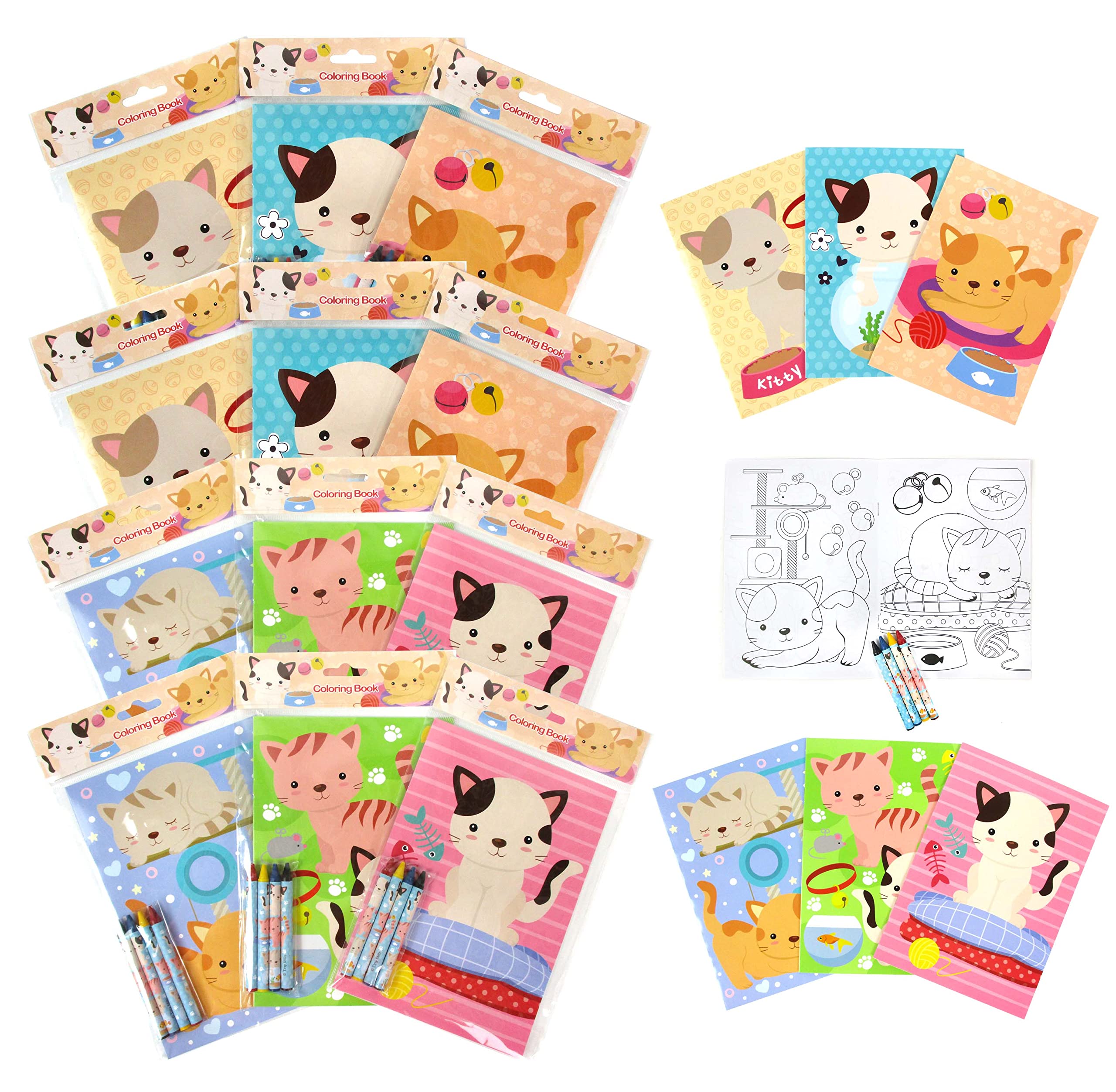 TINYMILLS Cats and Kittens Coloring Books for Kids with 12 Coloring Books and 48 Crayons, Cat Birthday Party Favors, Favor Bag Fillers, Classroom